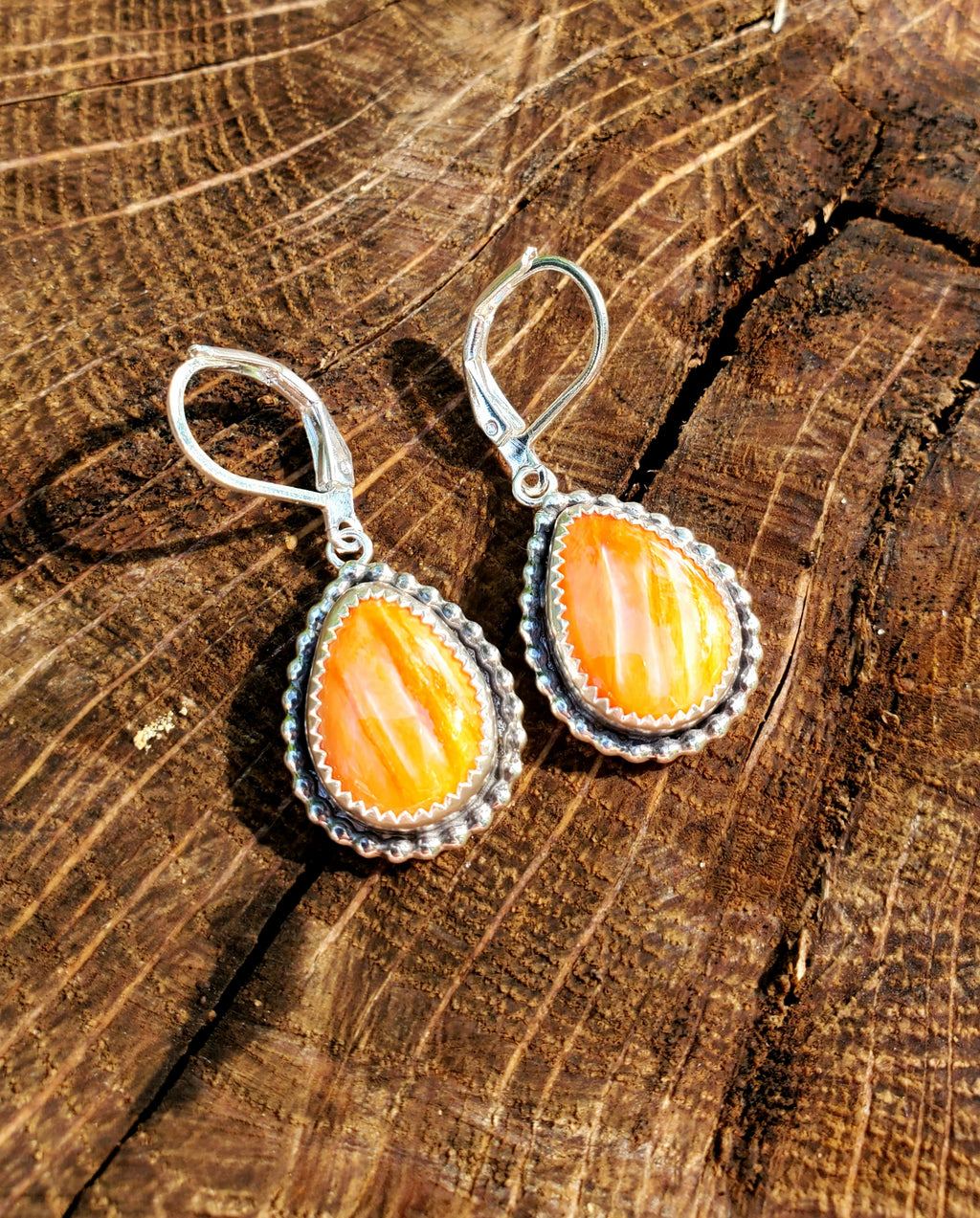 Orange Spiny Oyster Dangle Earrings in Solid Sterling Silver
