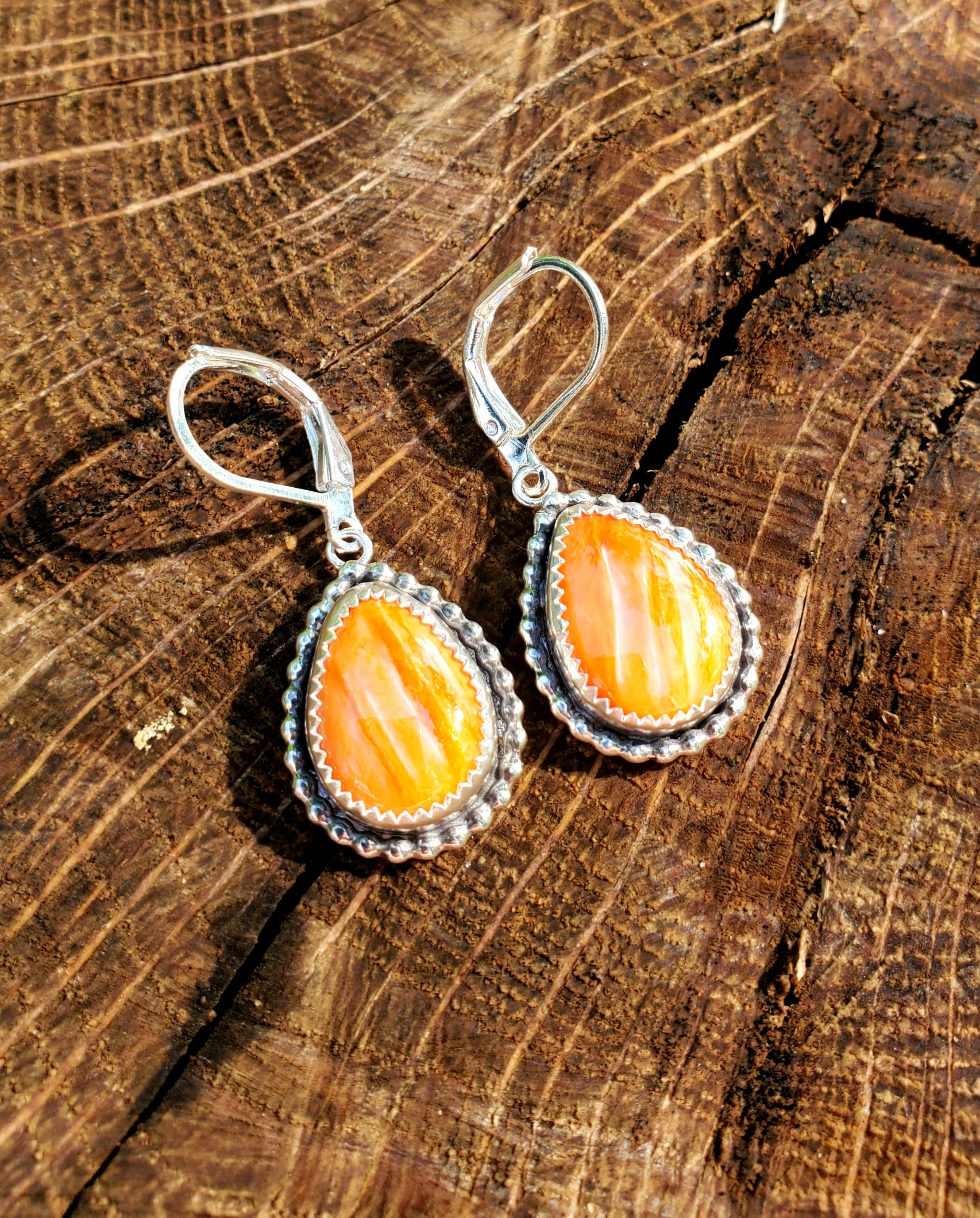 Orange Spiny Oyster Dangle Earrings in Solid Sterling Silver