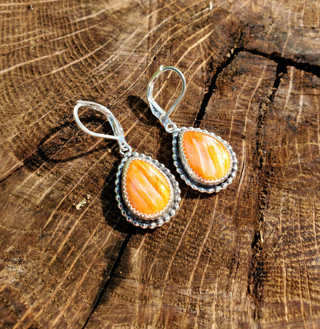 Orange Spiny Oyster Dangle Earrings in Solid Sterling Silver