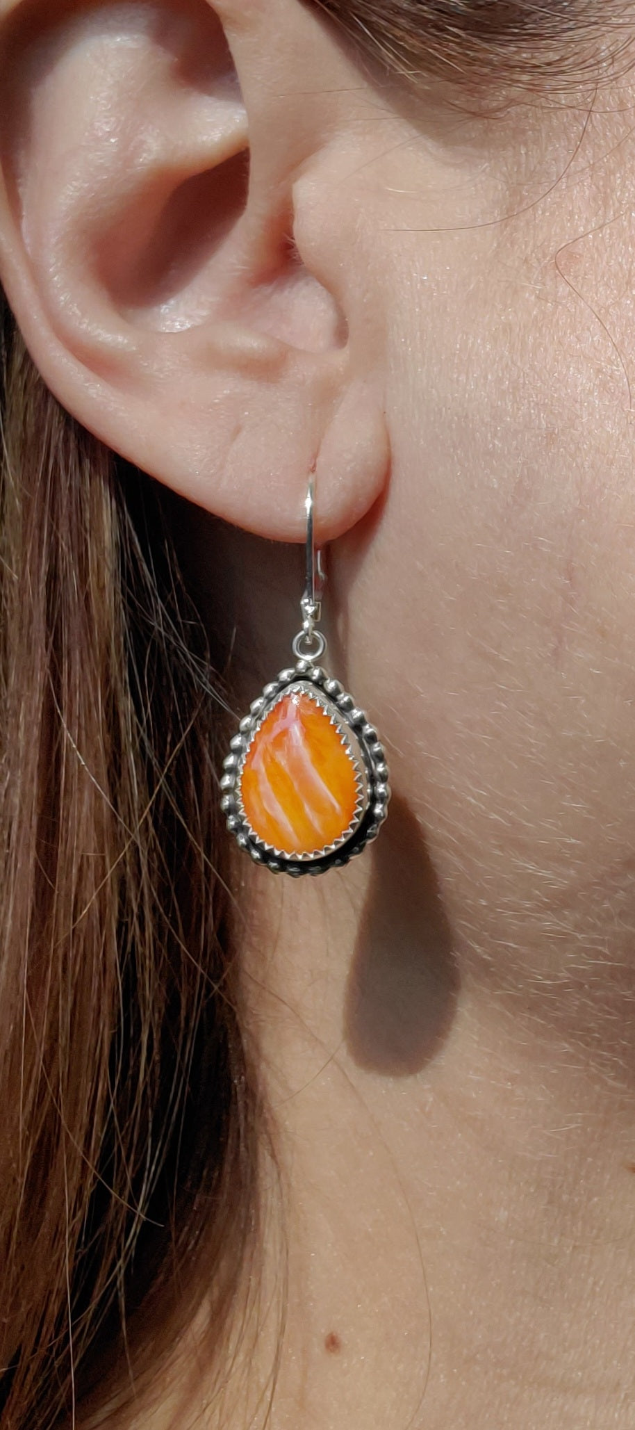 Orange Spiny Oyster Dangle Earrings in Solid Sterling Silver