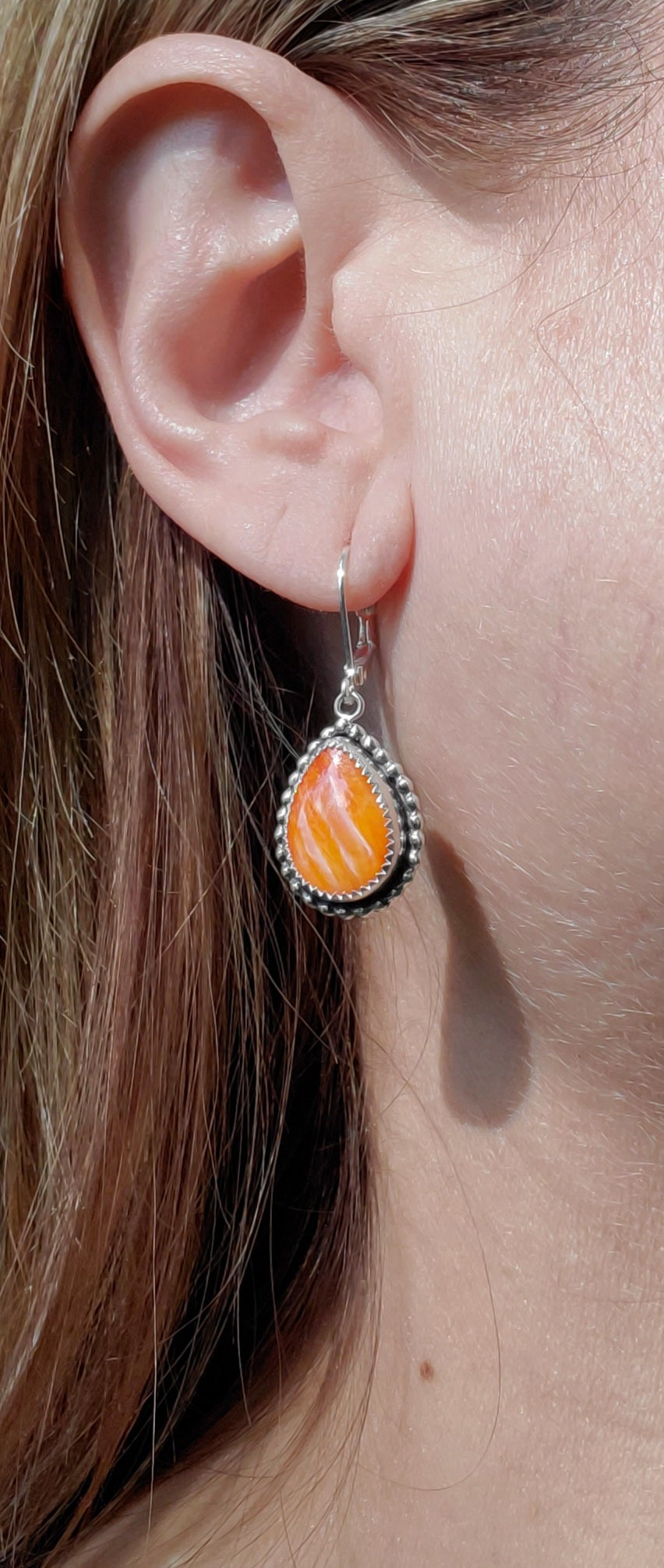 Orange Spiny Oyster Dangle Earrings in Solid Sterling Silver