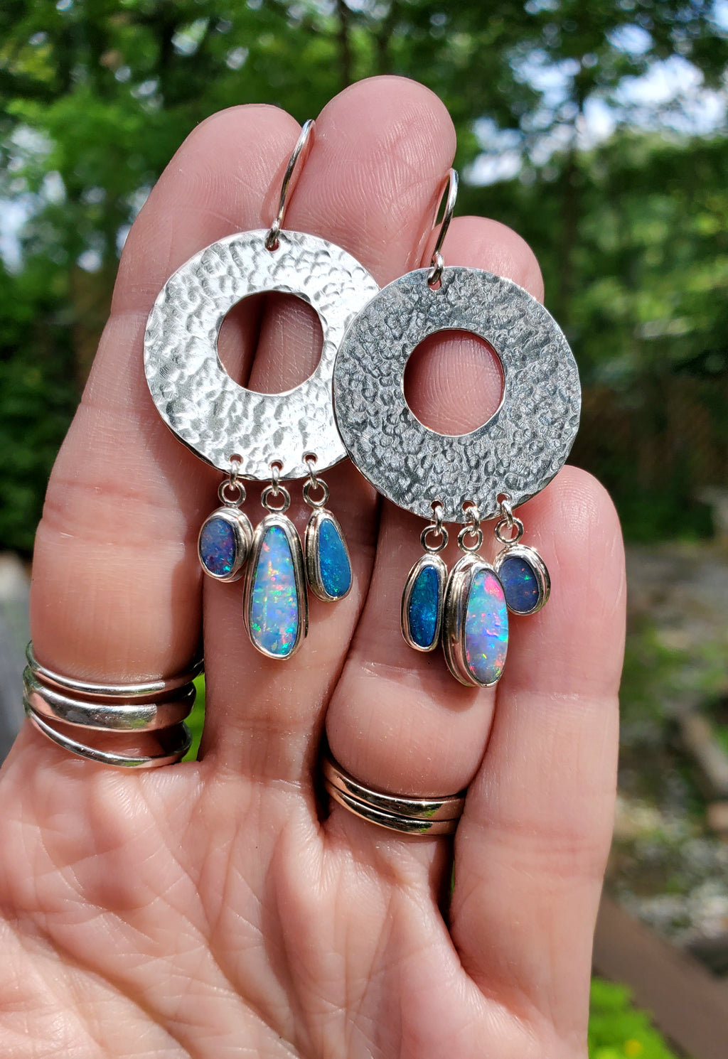 Opal Hoop Dangle Drop Earrings in Solid Sterling Silver