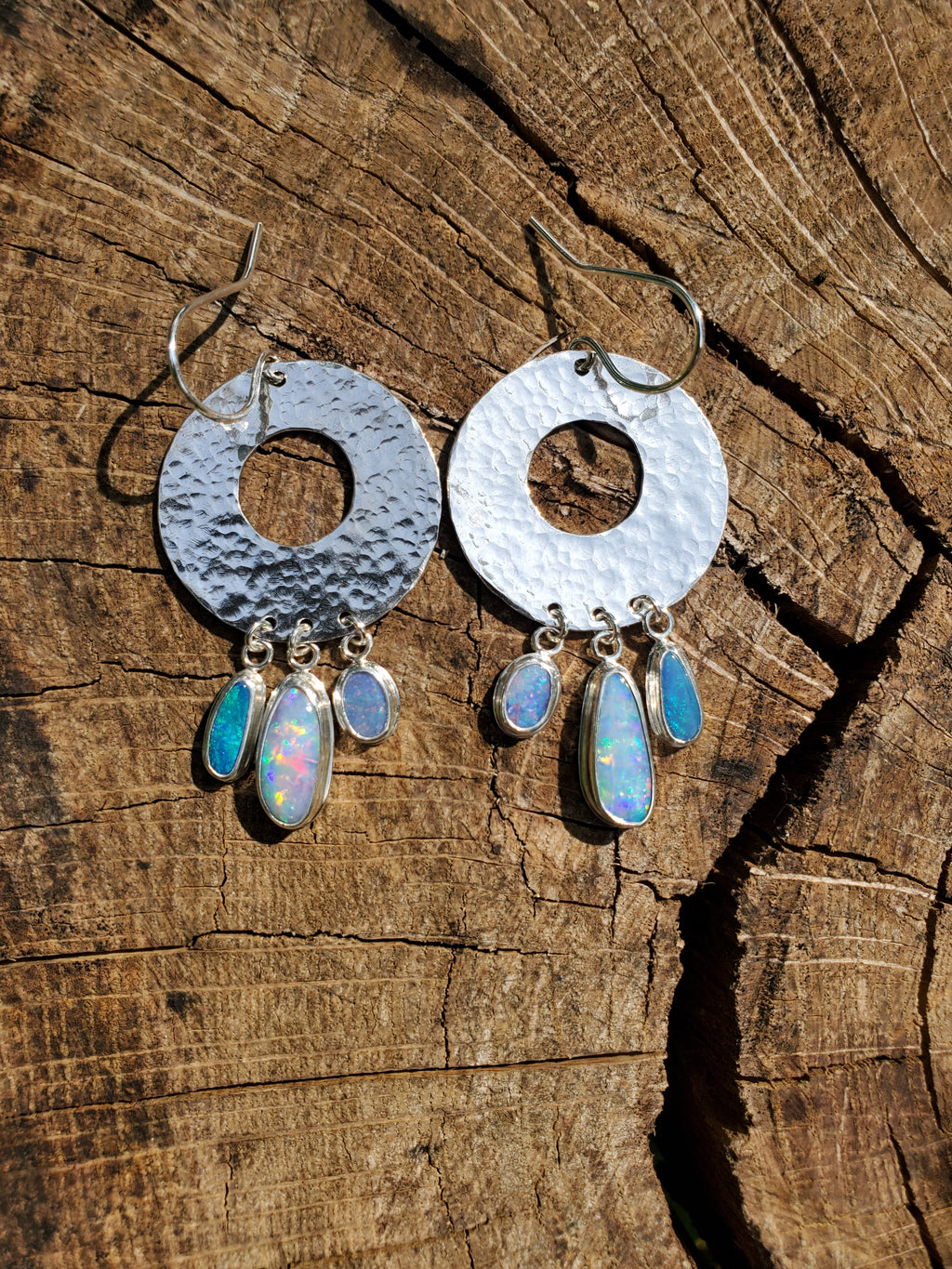 Opal Hoop Dangle Drop Earrings in Solid Sterling Silver