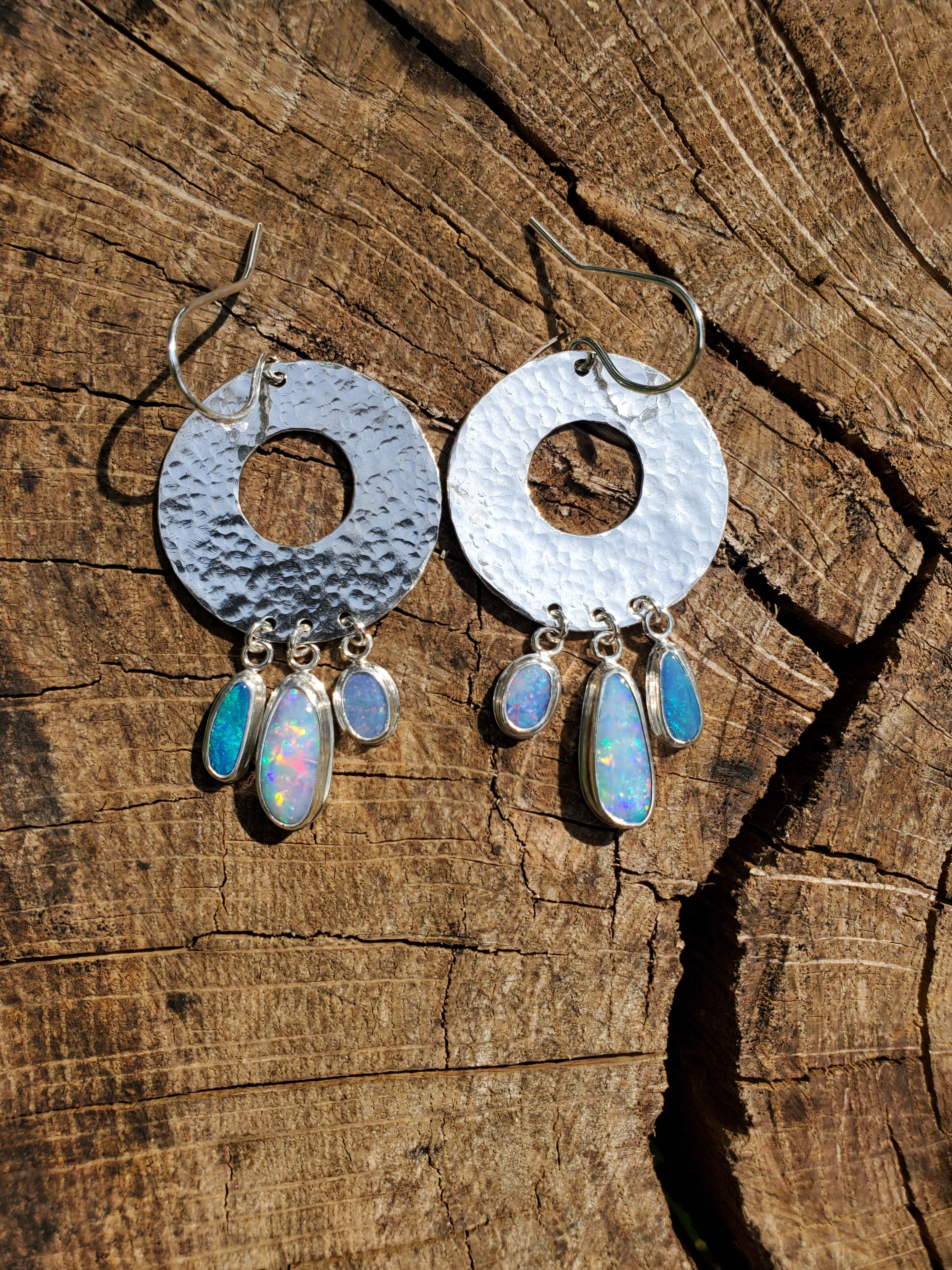 Opal Hoop Dangle Drop Earrings in Solid Sterling Silver