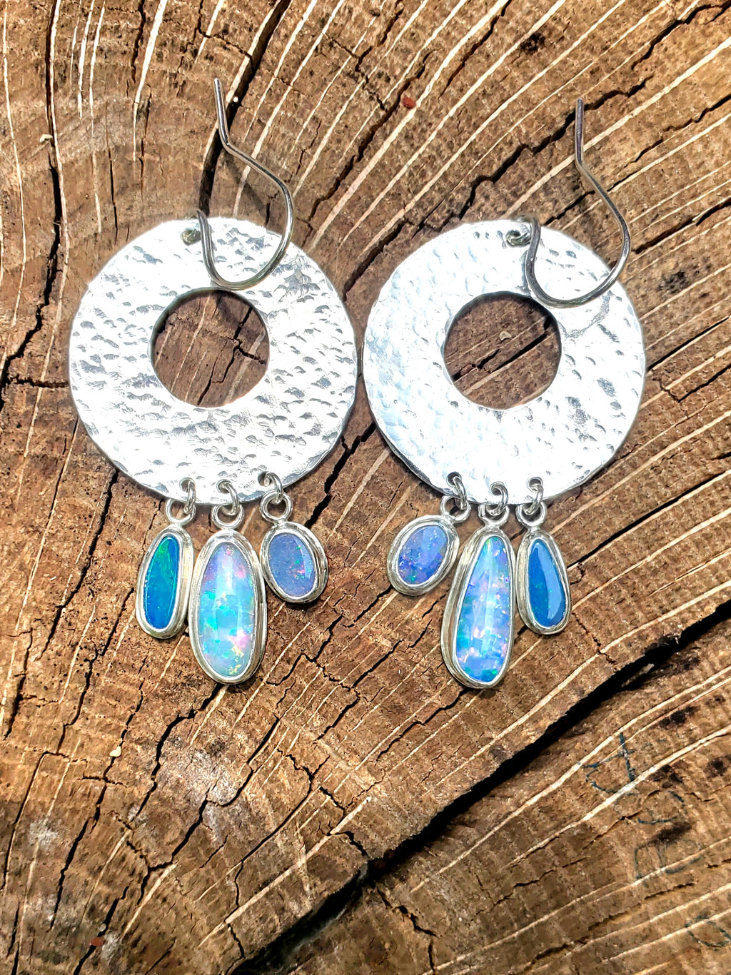 Opal Hoop Dangle Drop Earrings in Solid Sterling Silver