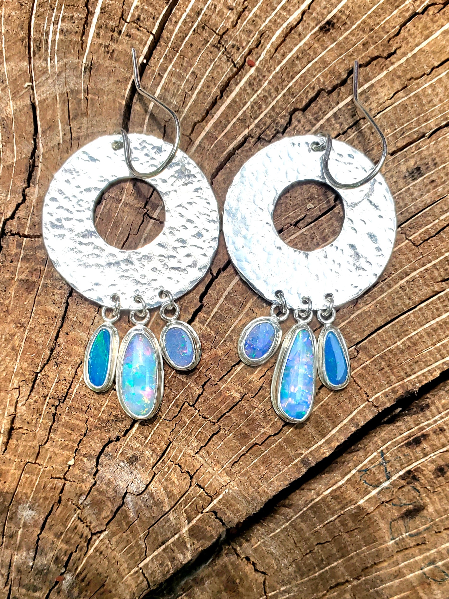 Opal Hoop Dangle Drop Earrings in Solid Sterling Silver