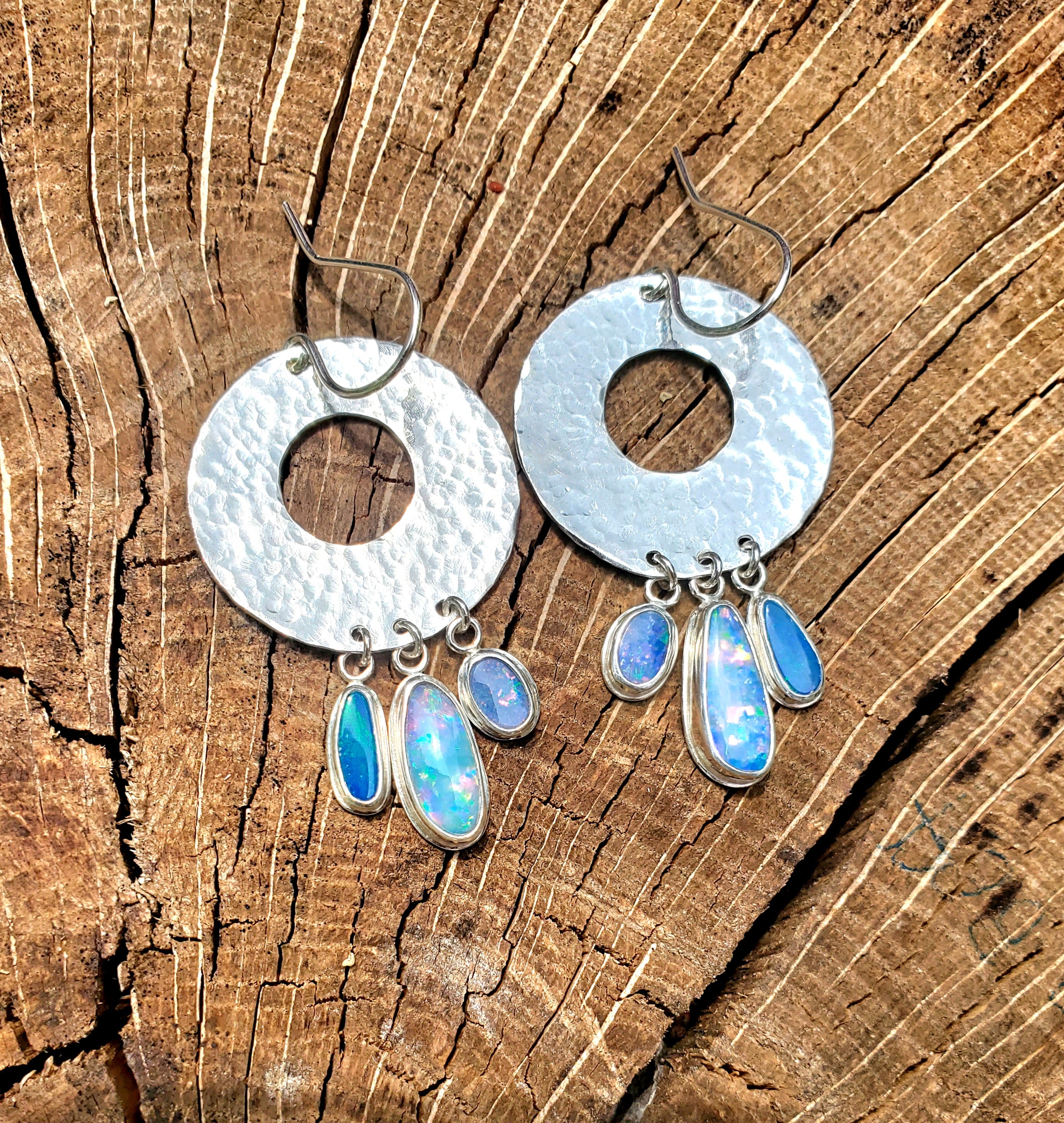 Opal Hoop Dangle Drop Earrings in Solid Sterling Silver