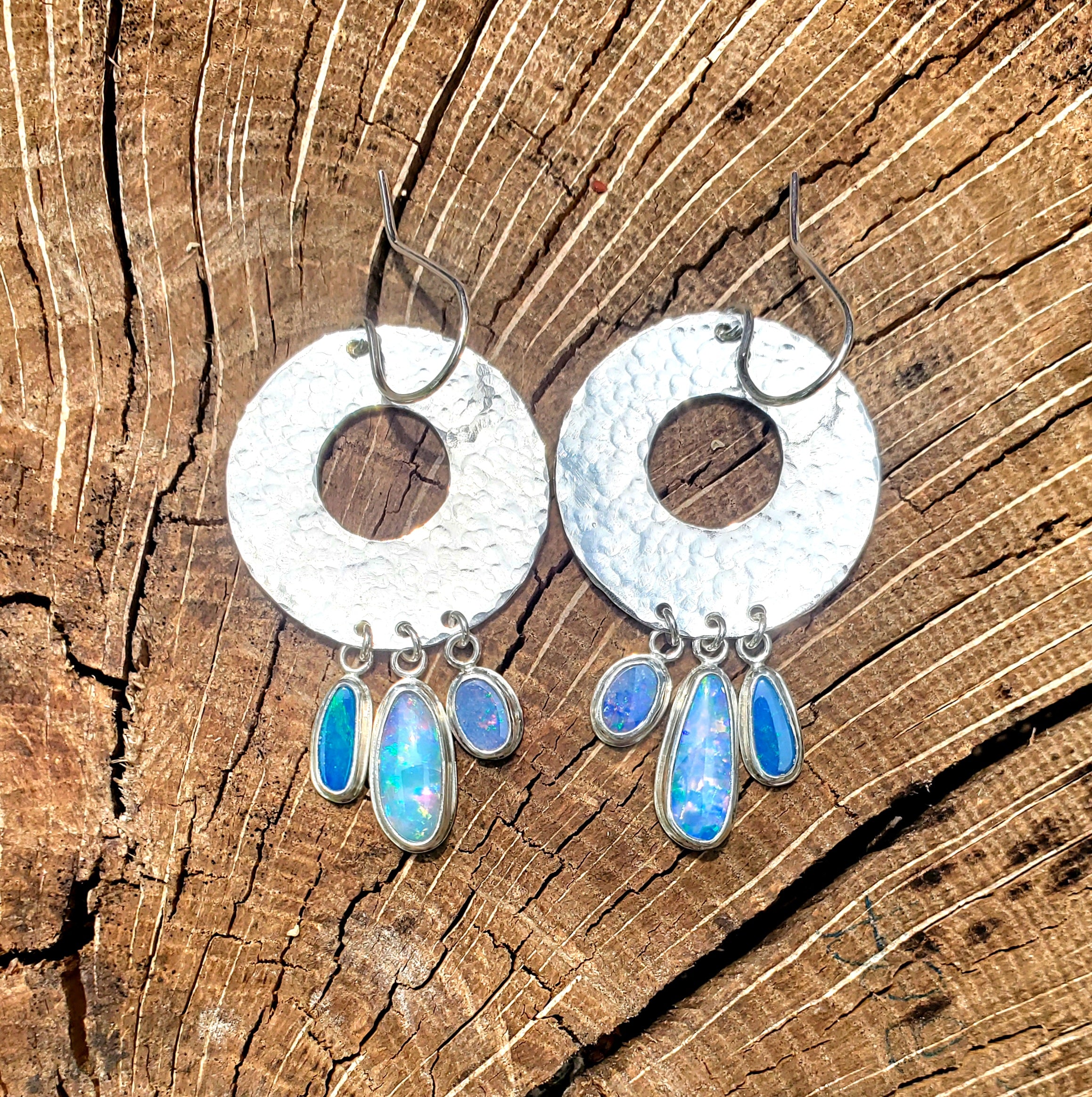 Opal Hoop Dangle Drop Earrings in Solid Sterling Silver
