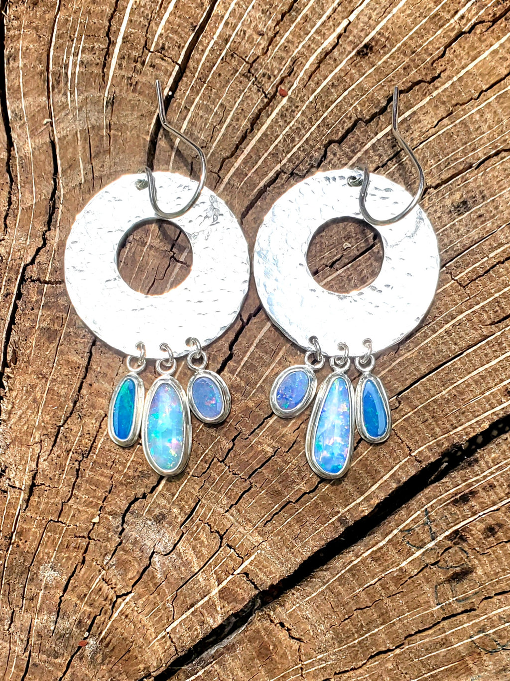 Opal Hoop Dangle Drop Earrings in Solid Sterling Silver