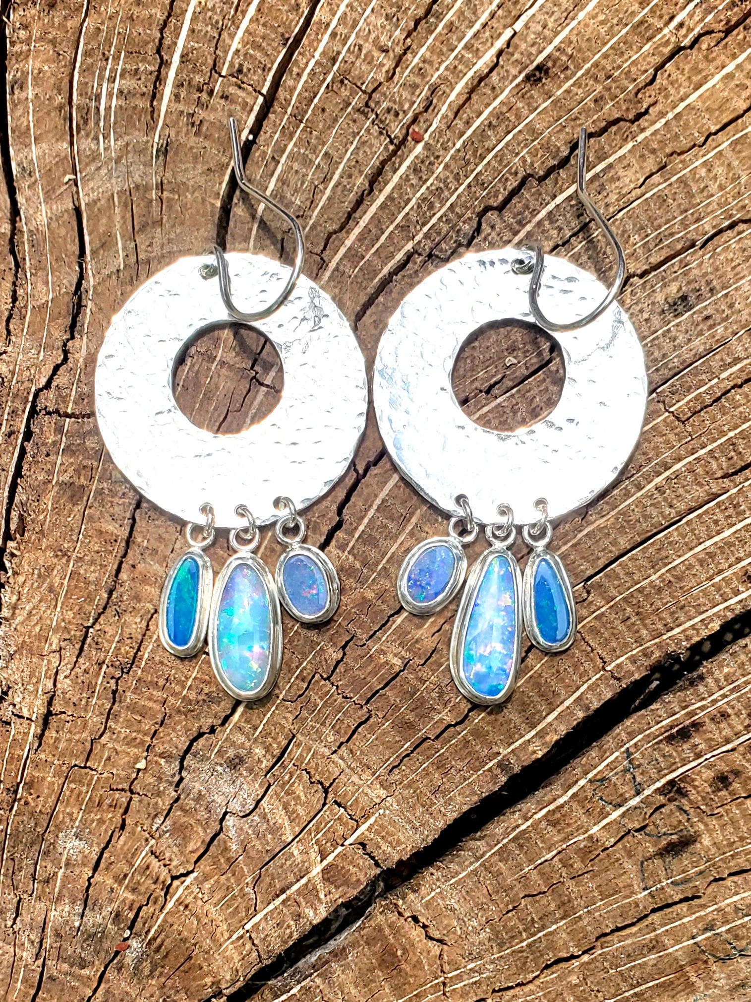 Opal Hoop Dangle Drop Earrings in Solid Sterling Silver