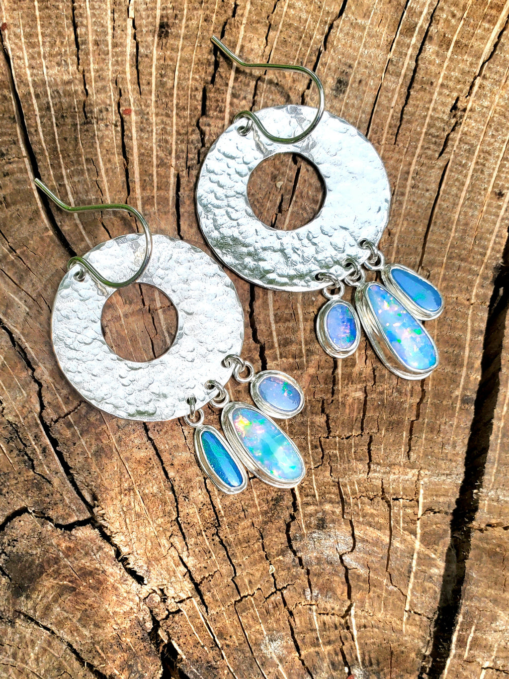 Opal Hoop Dangle Drop Earrings in Solid Sterling Silver