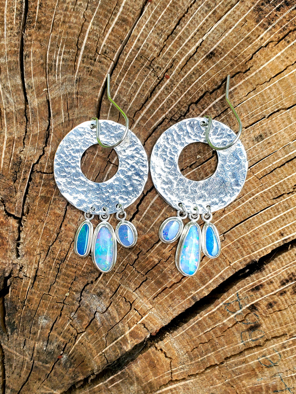 Opal Hoop Dangle Drop Earrings in Solid Sterling Silver