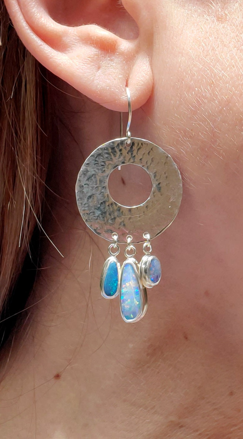 Opal Hoop Dangle Drop Earrings in Solid Sterling Silver