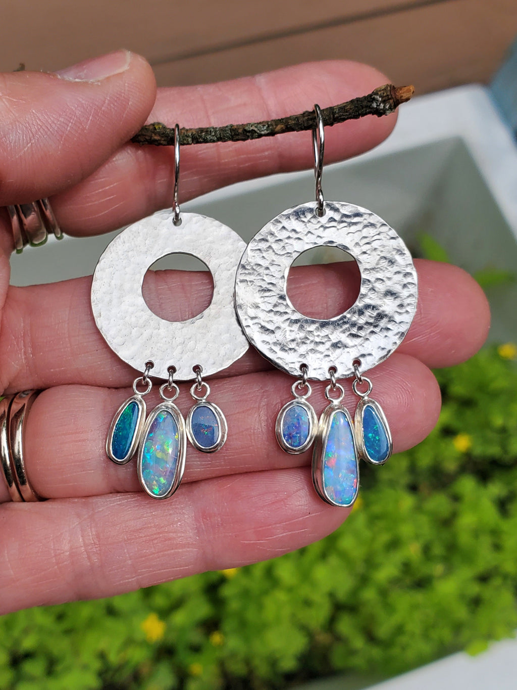 Opal Hoop Dangle Drop Earrings in Solid Sterling Silver