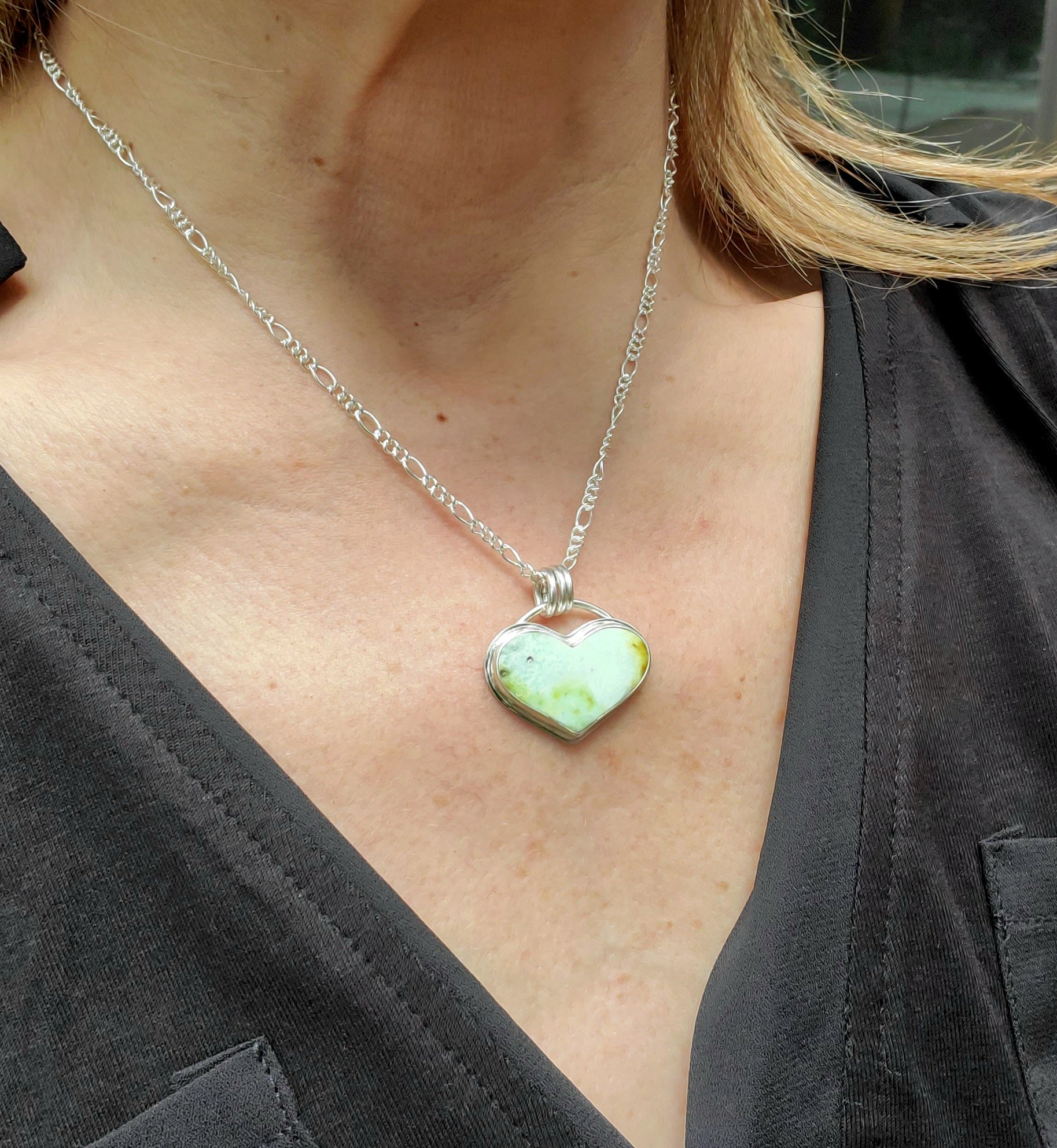 Palomino Variscite Heart Pendant Necklace in Solid Sterling Silver