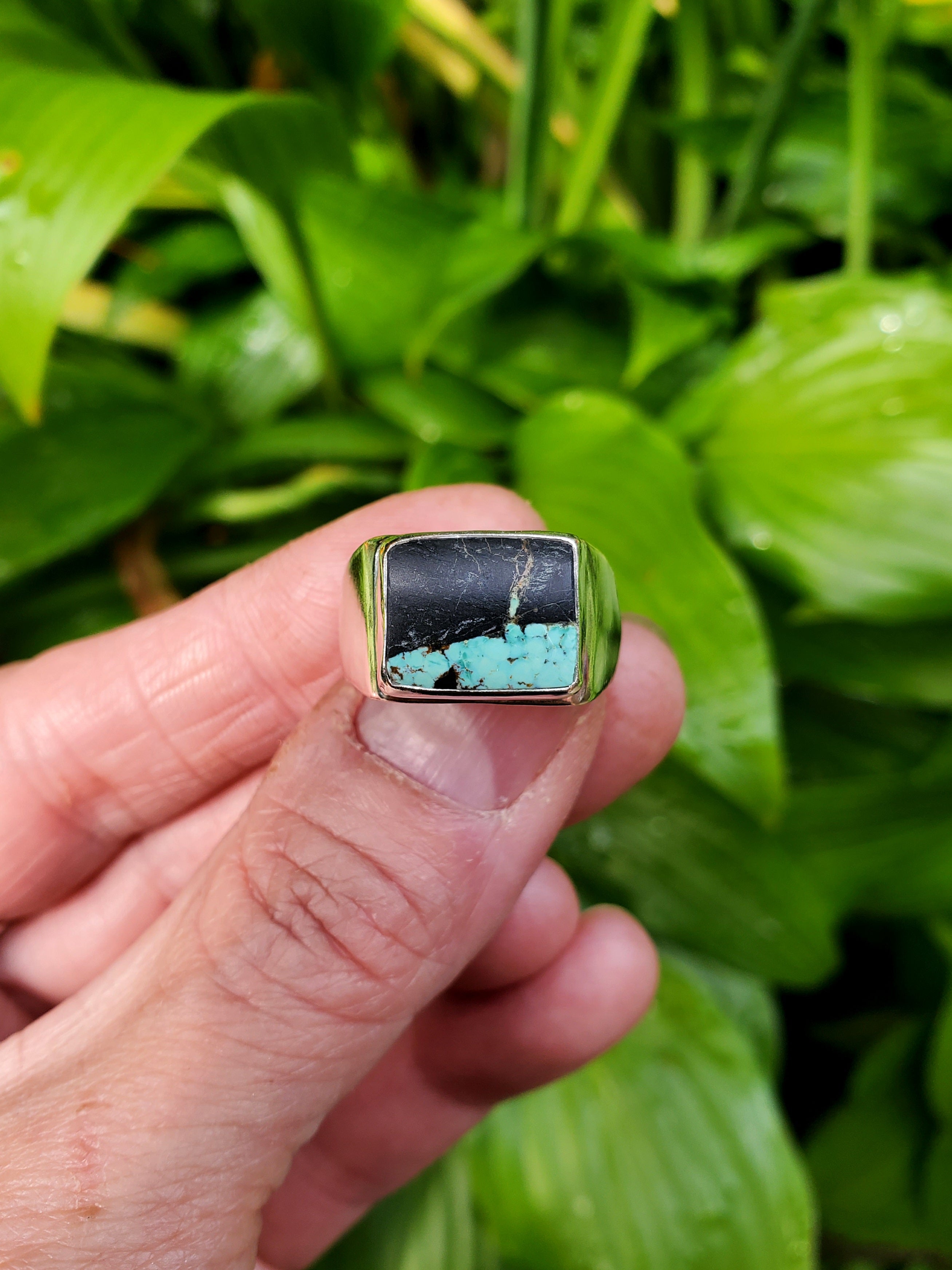 Black Jack Turquoise Unisex Wide Band Statement Ring in Solid Sterling Silver! Size 9