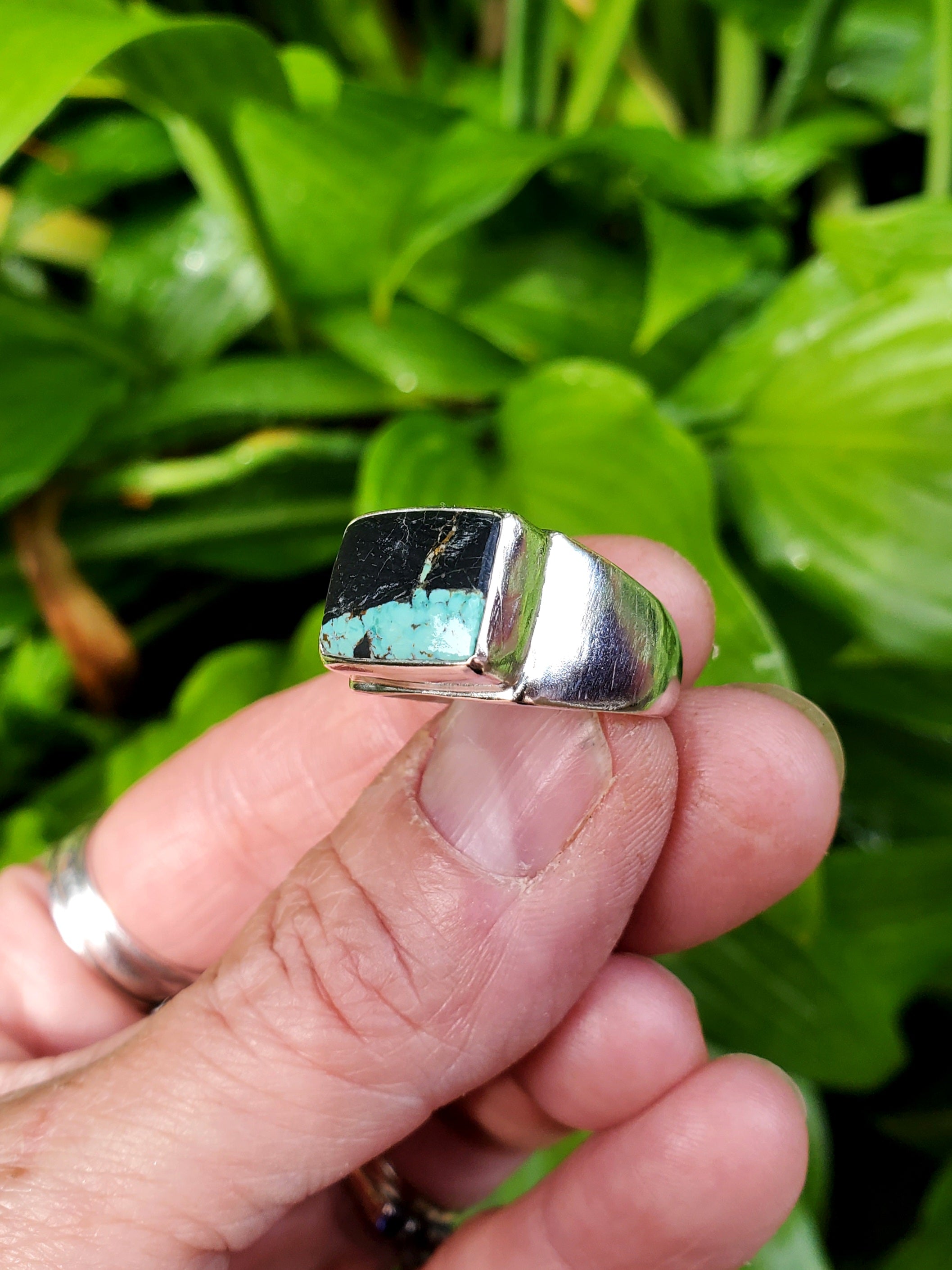 Black Jack Turquoise Unisex Wide Band Statement Ring in Solid Sterling Silver! Size 9