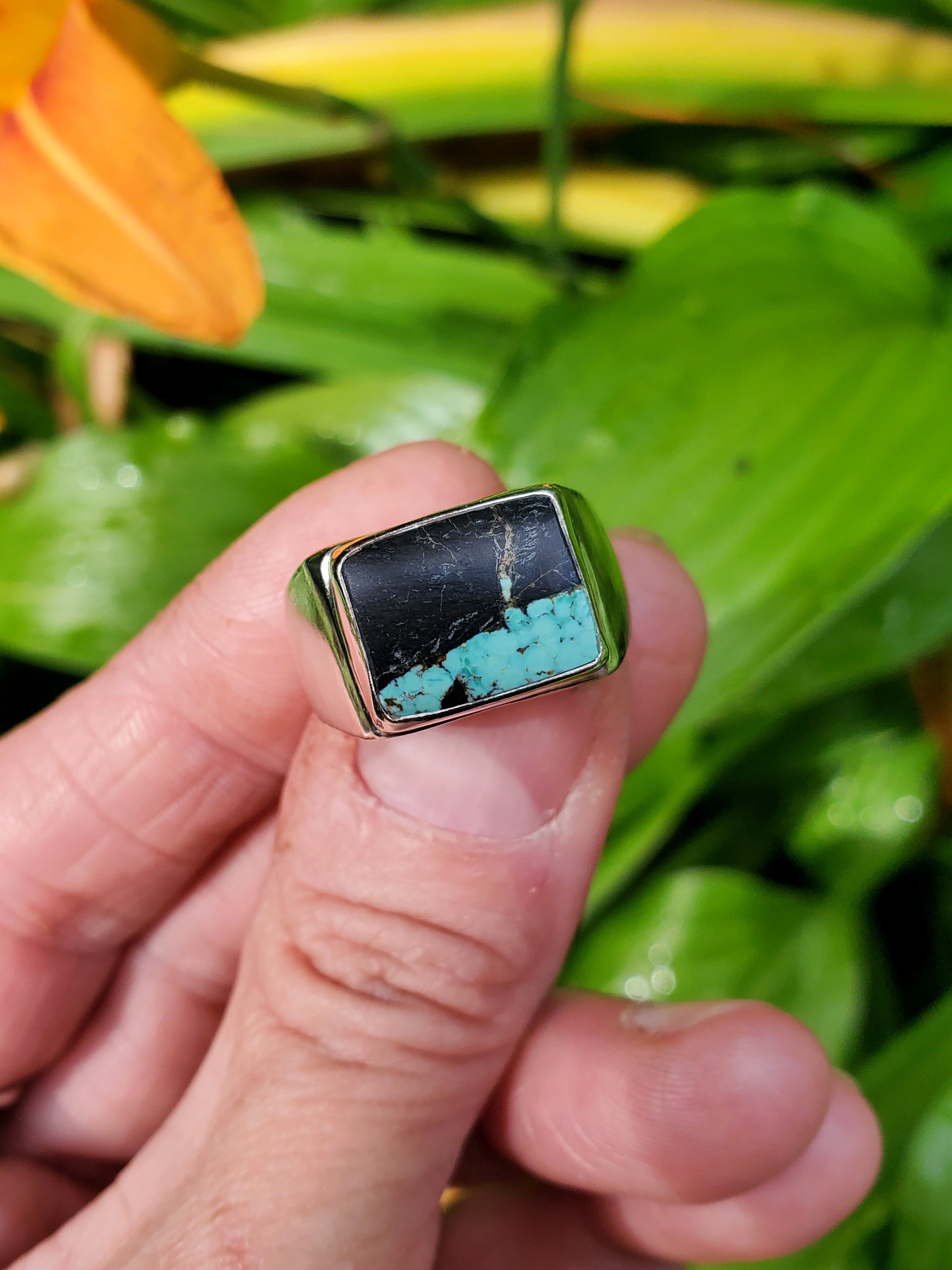 Black Jack Turquoise Unisex Wide Band Statement Ring in Solid Sterling Silver! Size 9