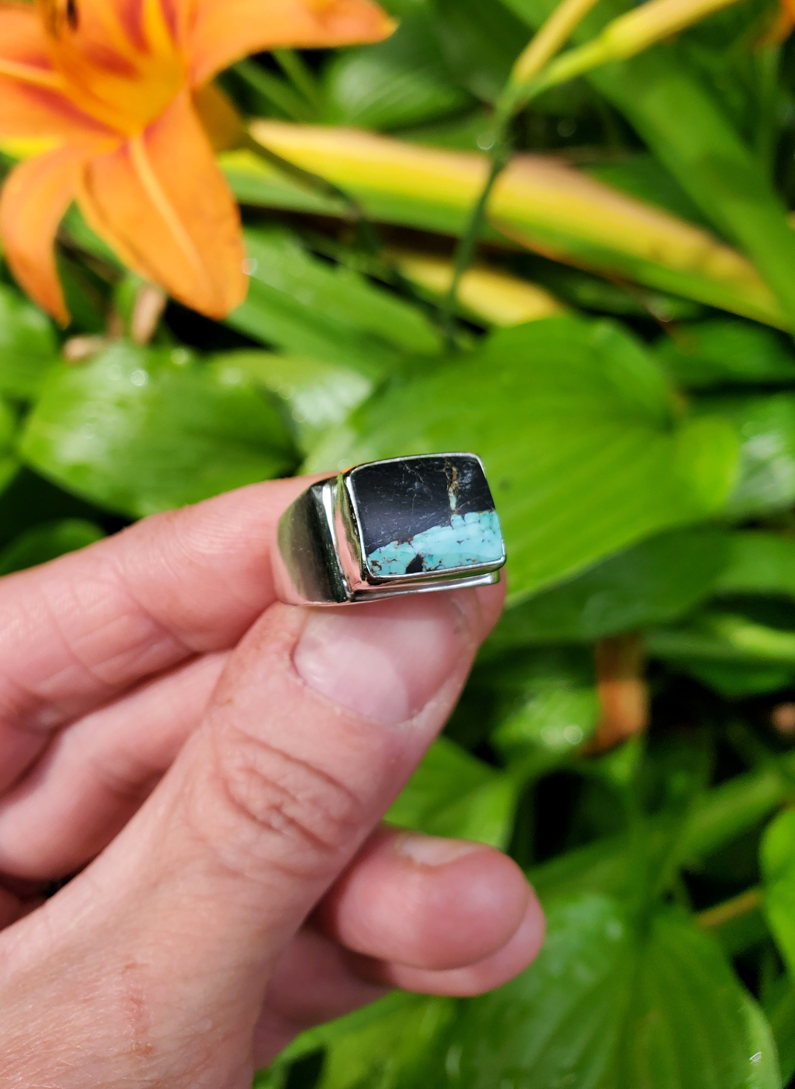 Black Jack Turquoise Unisex Wide Band Statement Ring in Solid Sterling Silver! Size 9