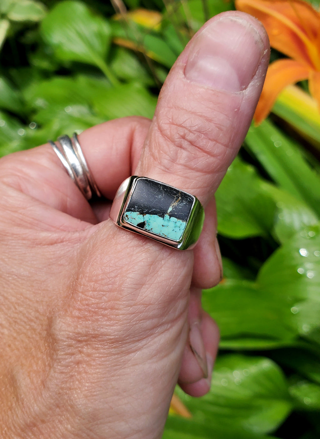 Black Jack Turquoise Unisex Wide Band Statement Ring in Solid Sterling Silver! Size 9