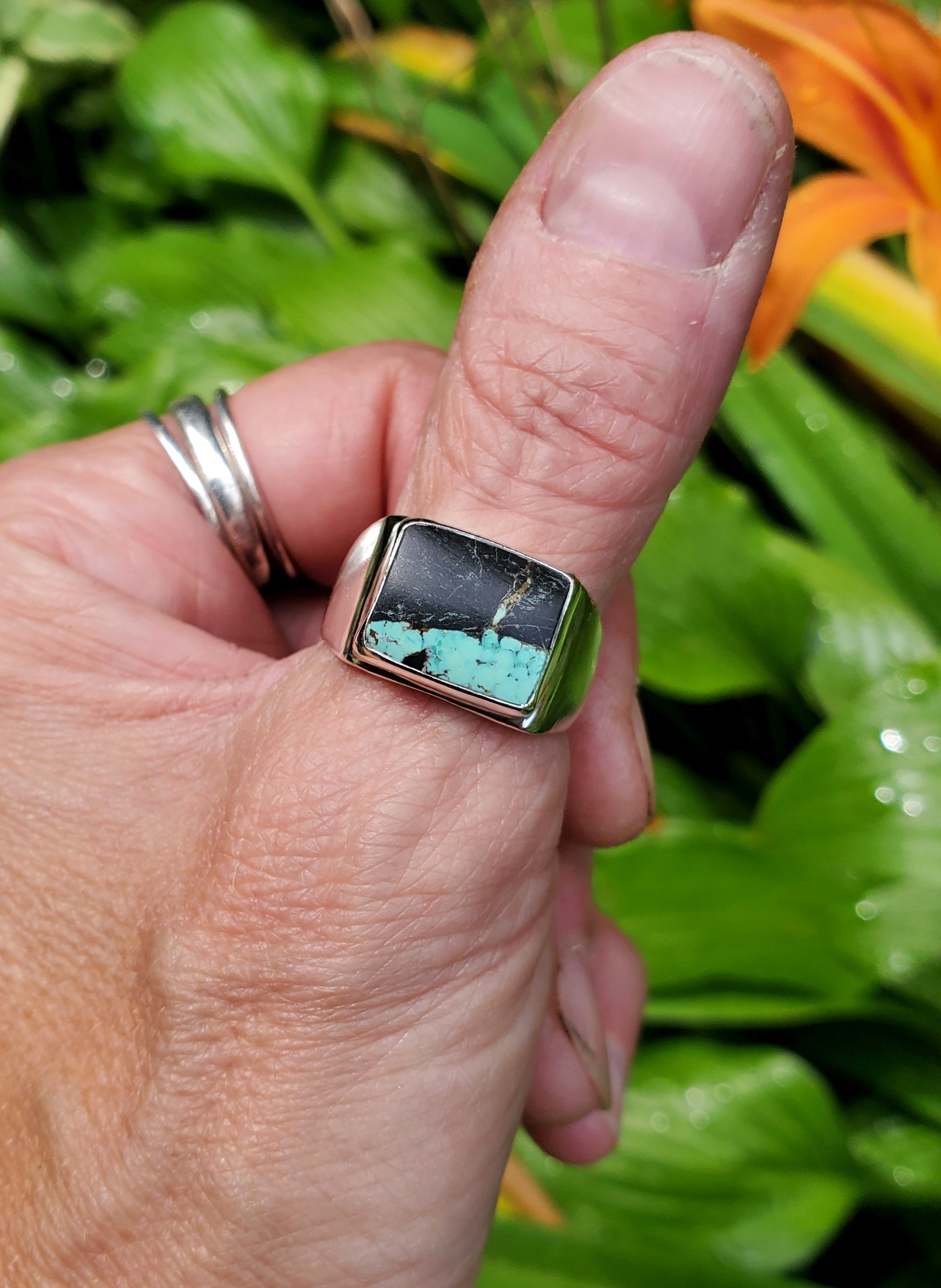 Black Jack Turquoise Unisex Wide Band Statement Ring in Solid Sterling Silver! Size 9