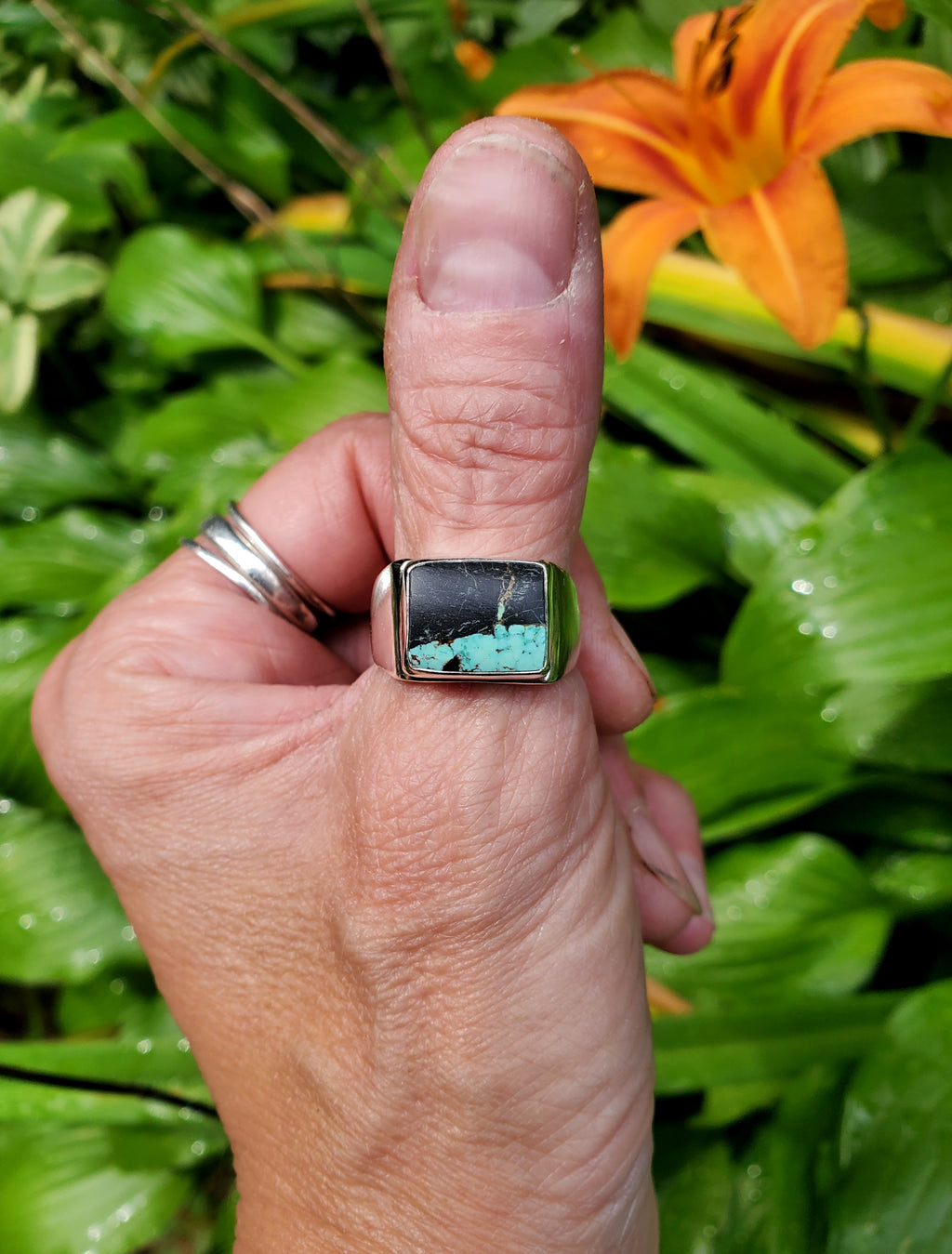 Black Jack Turquoise Unisex Wide Band Statement Ring in Solid Sterling Silver! Size 9