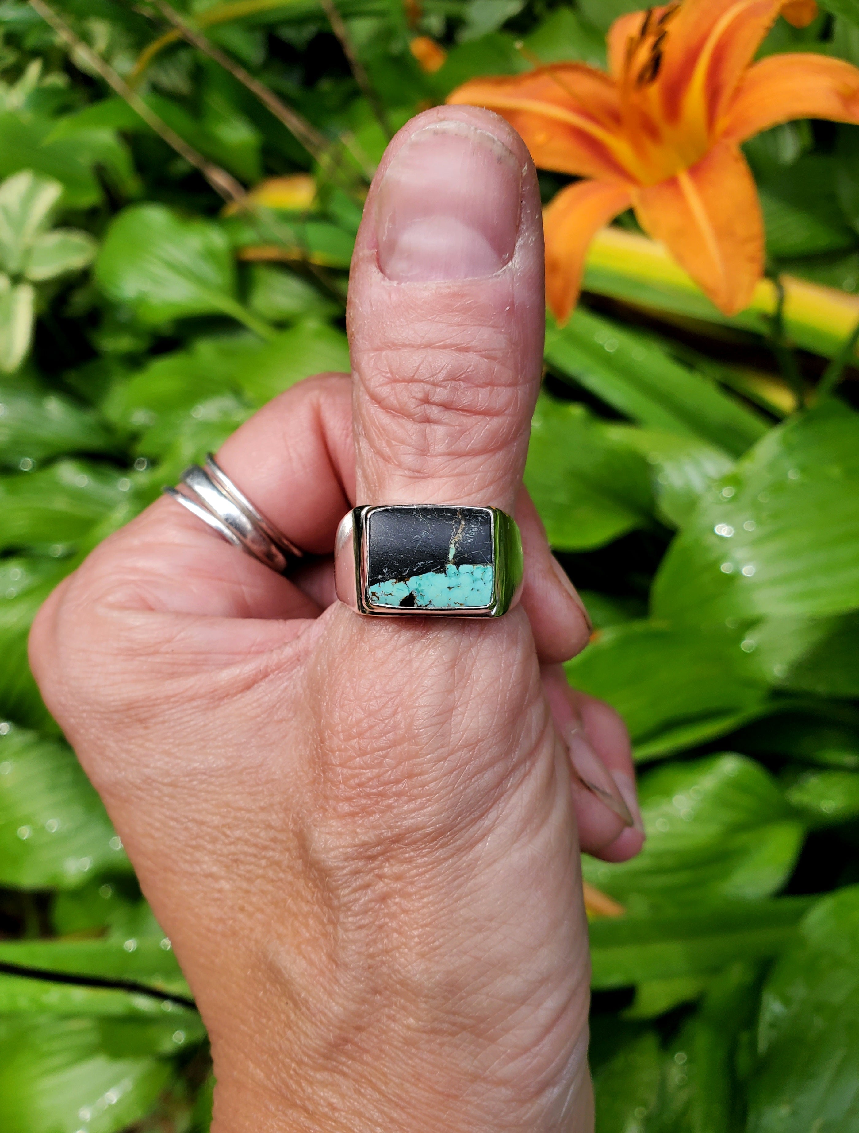 Black Jack Turquoise Unisex Wide Band Statement Ring in Solid Sterling Silver! Size 9