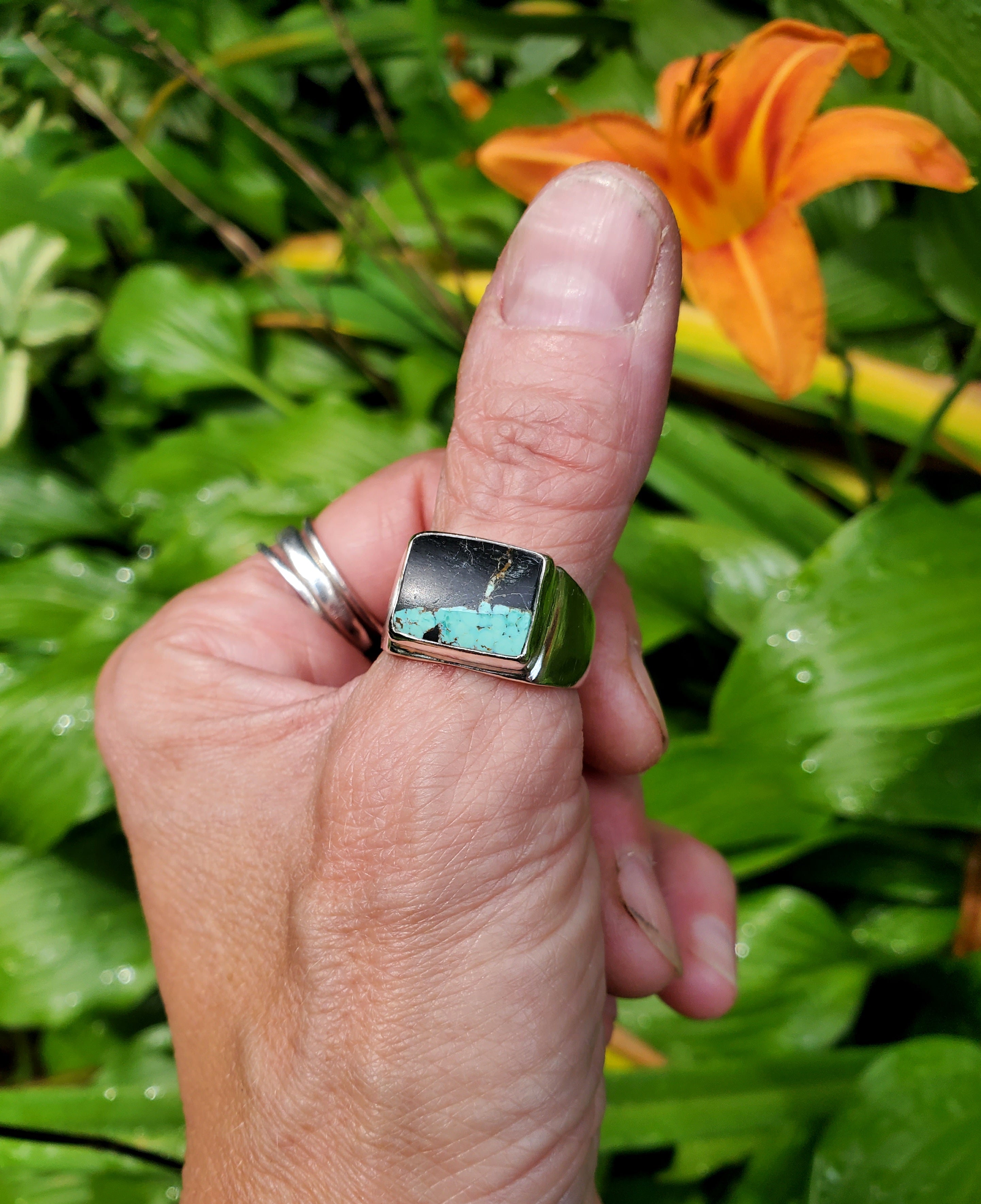 Black Jack Turquoise Unisex Wide Band Statement Ring in Solid Sterling Silver! Size 9