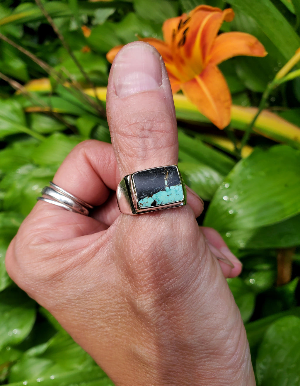 Black Jack Turquoise Unisex Wide Band Statement Ring in Solid Sterling Silver! Size 9