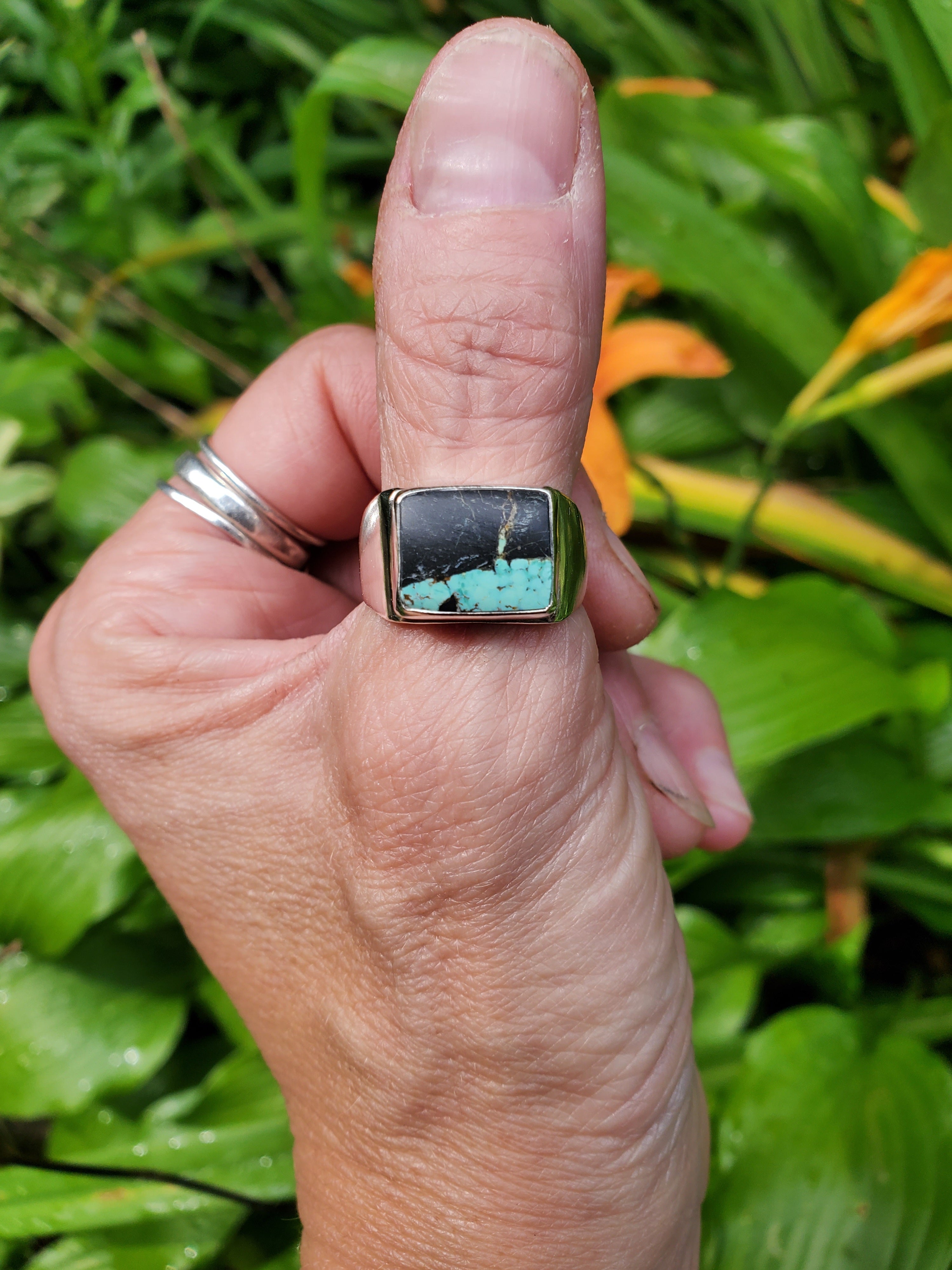 Black Jack Turquoise Unisex Wide Band Statement Ring in Solid Sterling Silver! Size 9
