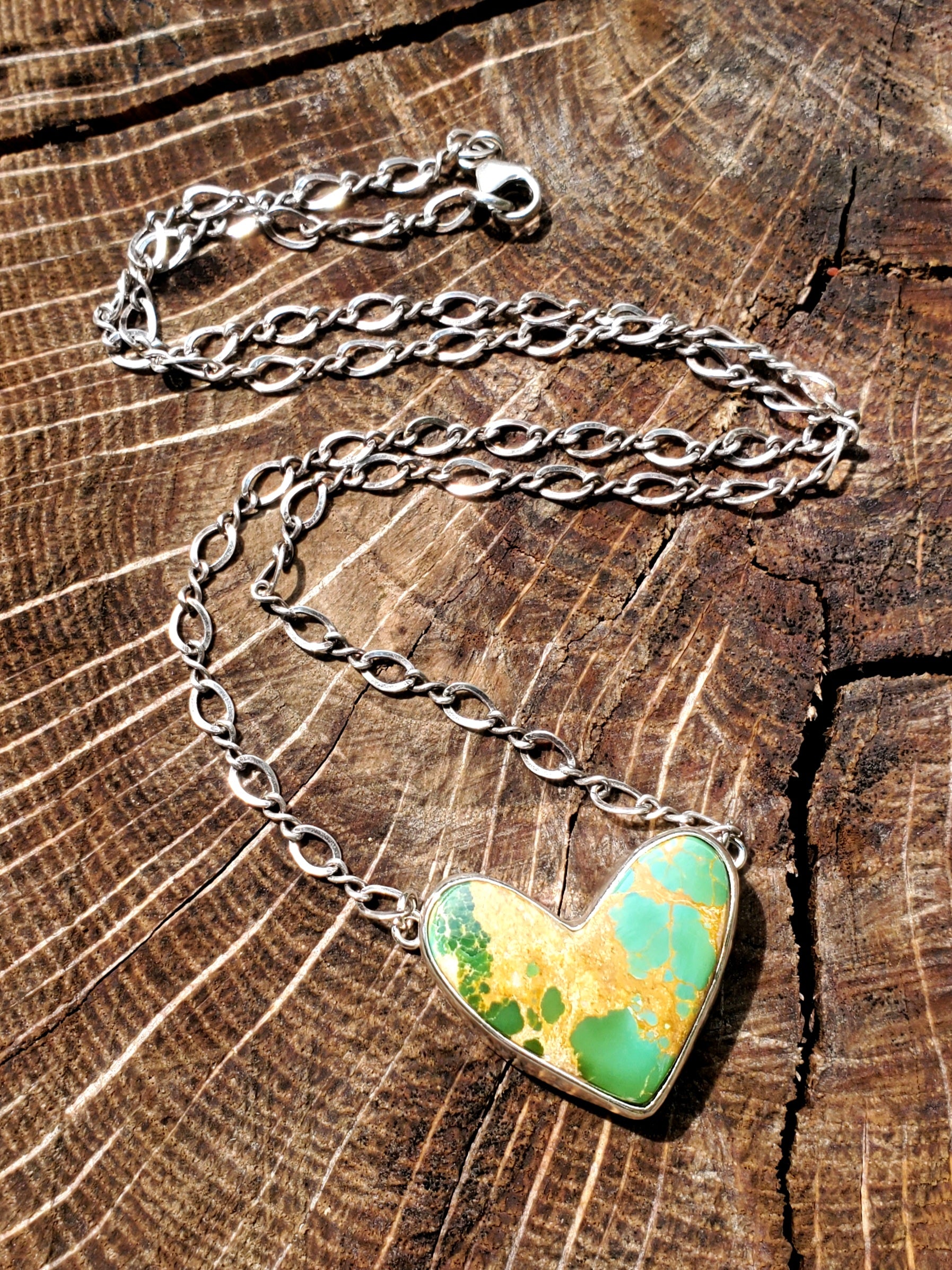 Green Royston Turquoise Heart Pendant Necklace or Choker in Solid Sterling Silver