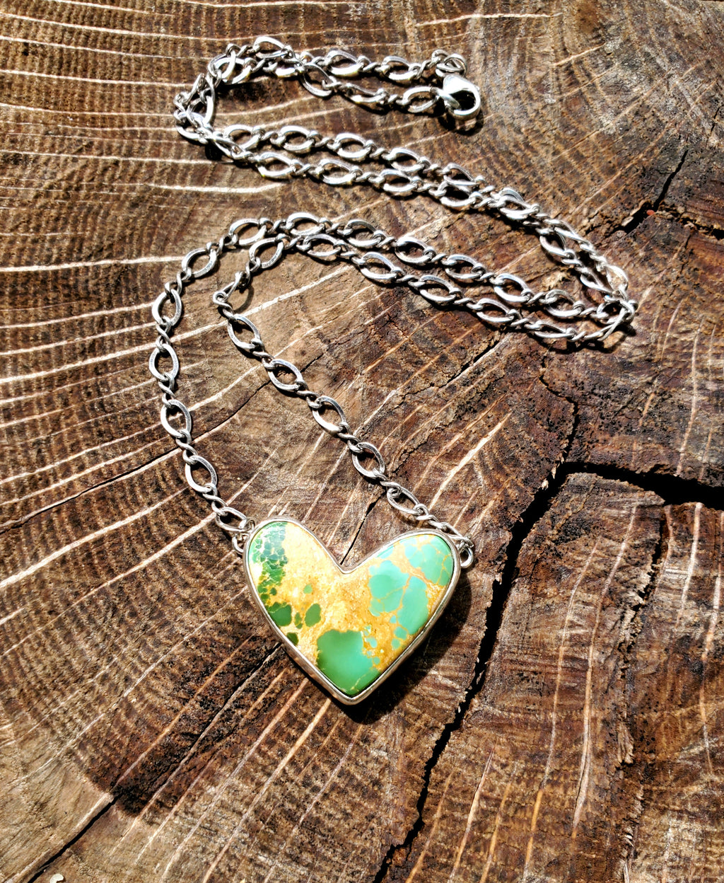 Green Royston Turquoise Heart Pendant Necklace or Choker in Solid Sterling Silver
