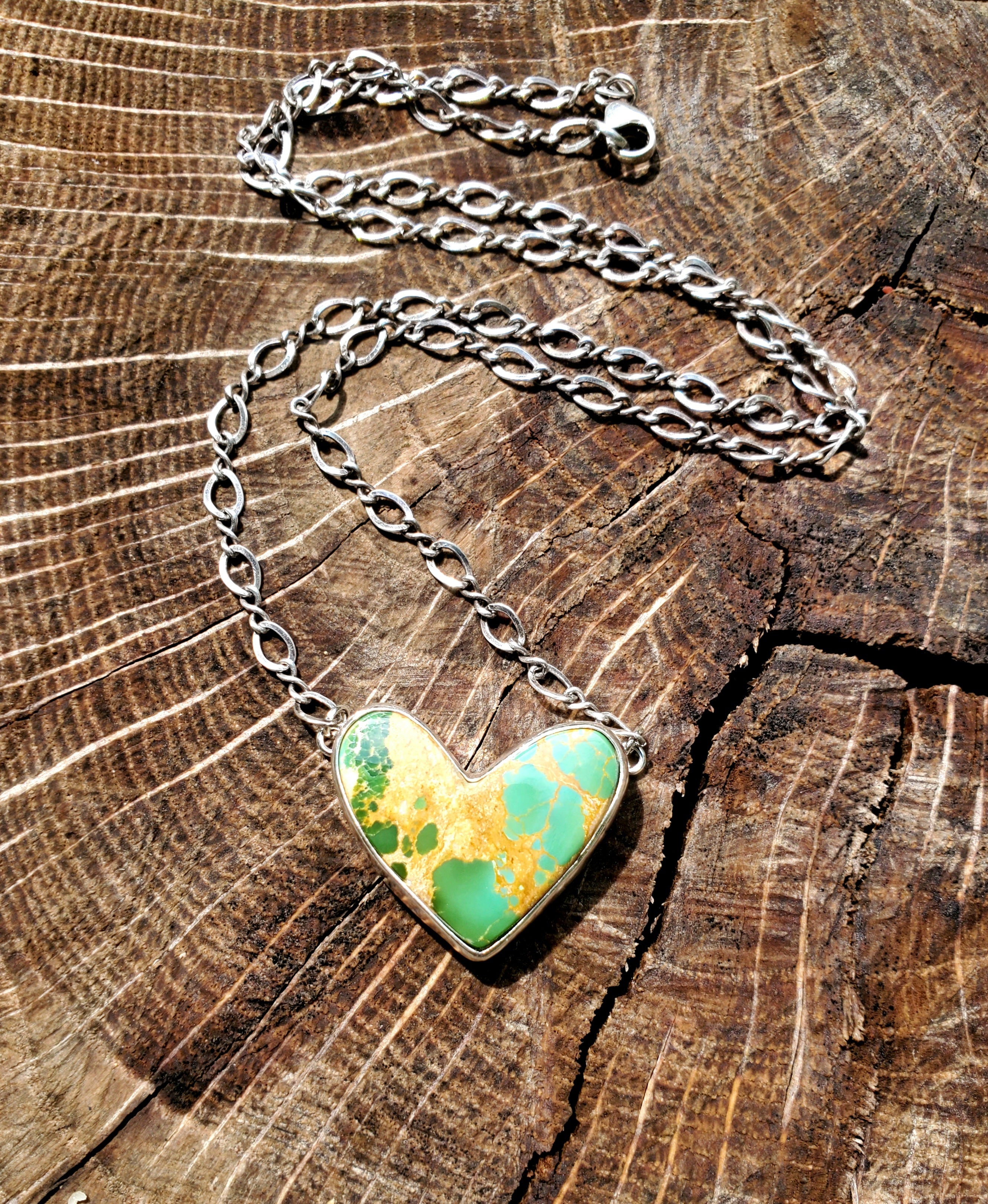 Green Royston Turquoise Heart Pendant Necklace or Choker in Solid Sterling Silver