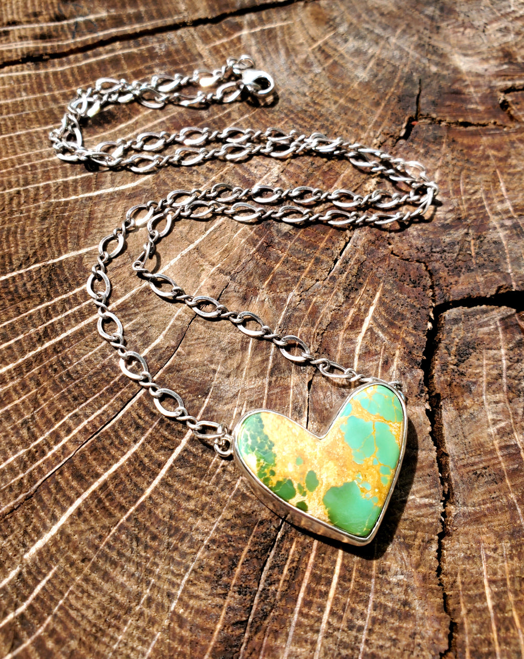 Green Royston Turquoise Heart Pendant Necklace or Choker in Solid Sterling Silver