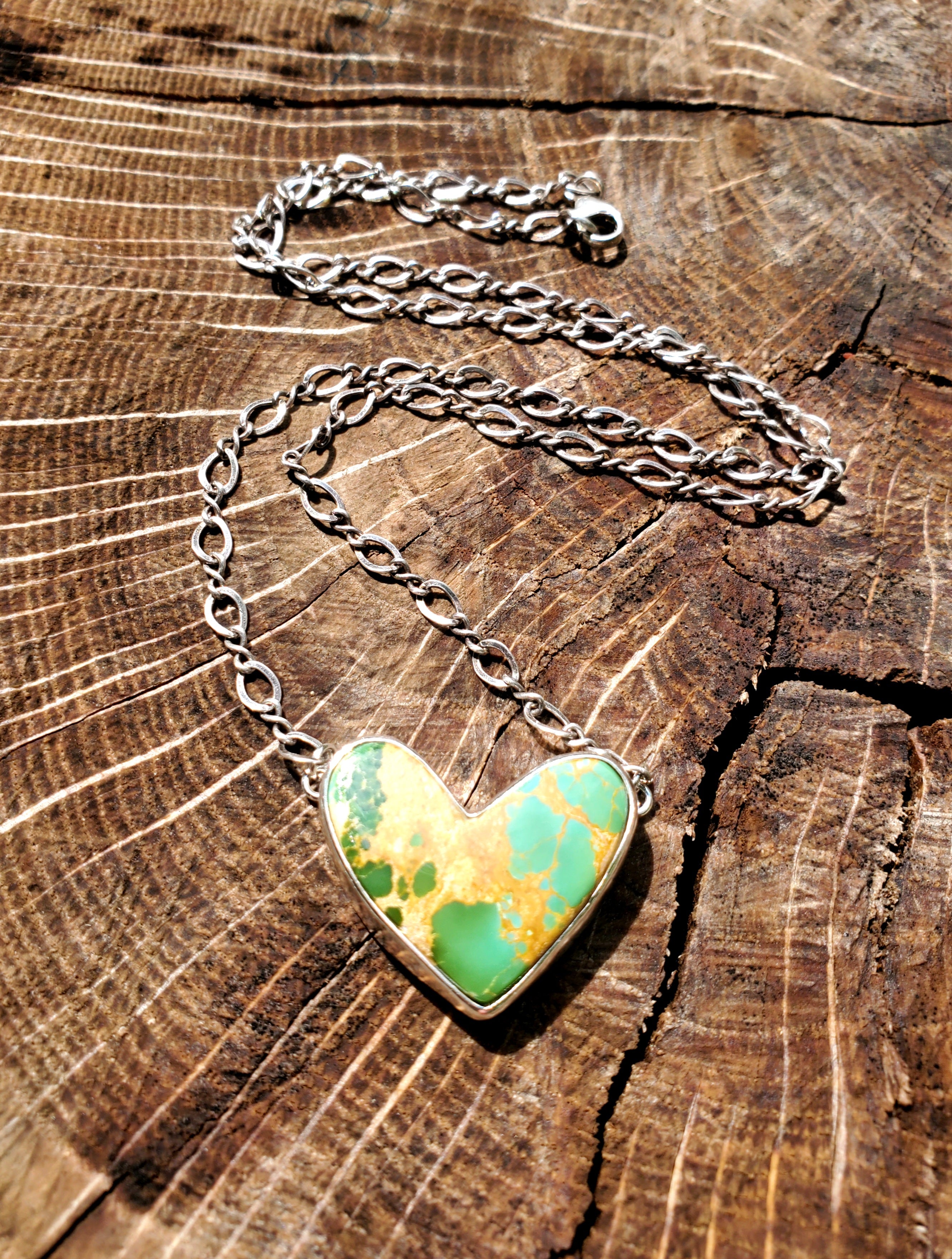Green Royston Turquoise Heart Pendant Necklace or Choker in Solid Sterling Silver