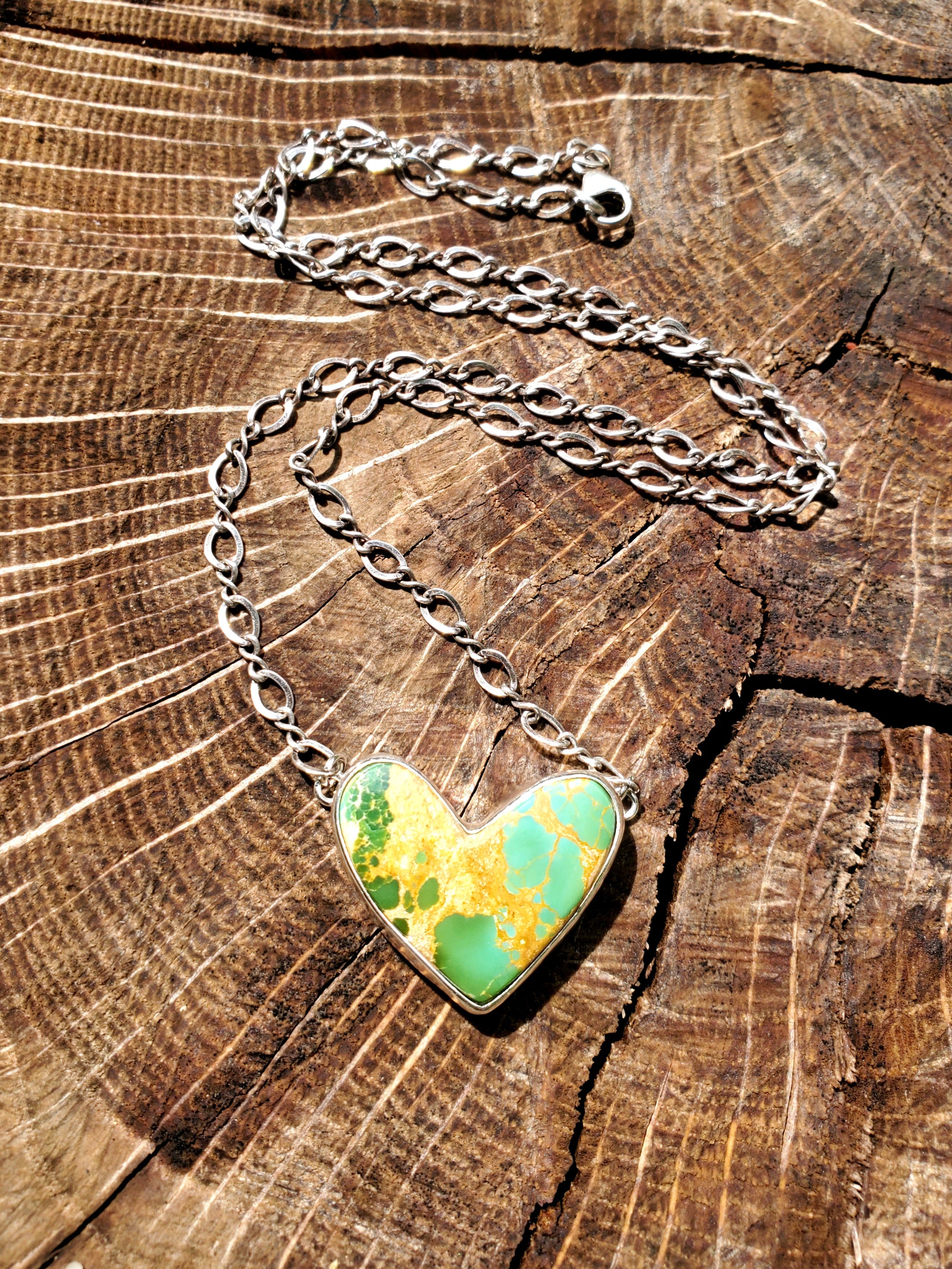 Green Royston Turquoise Heart Pendant Necklace or Choker in Solid Sterling Silver