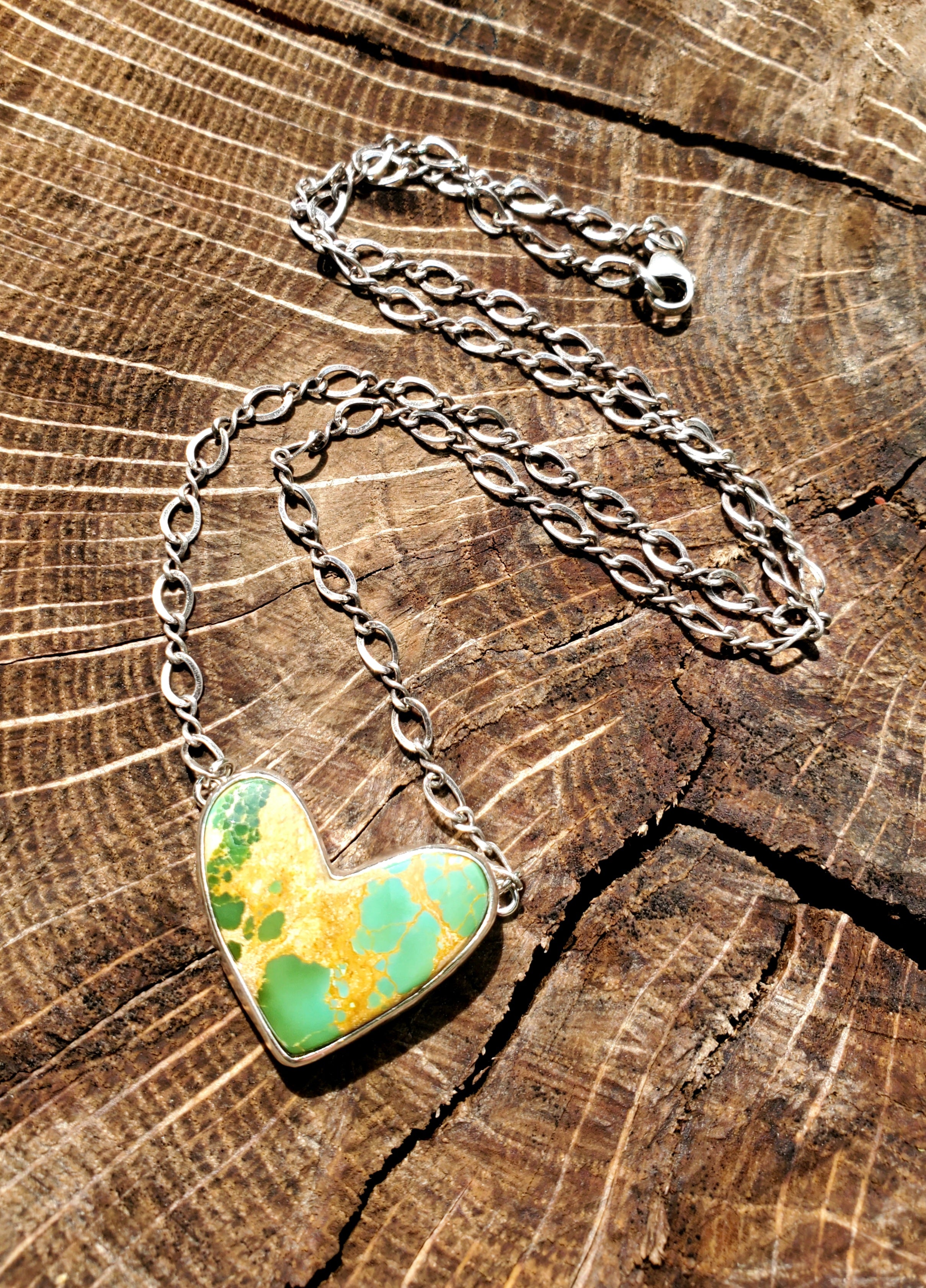 Green Royston Turquoise Heart Pendant Necklace or Choker in Solid Sterling Silver