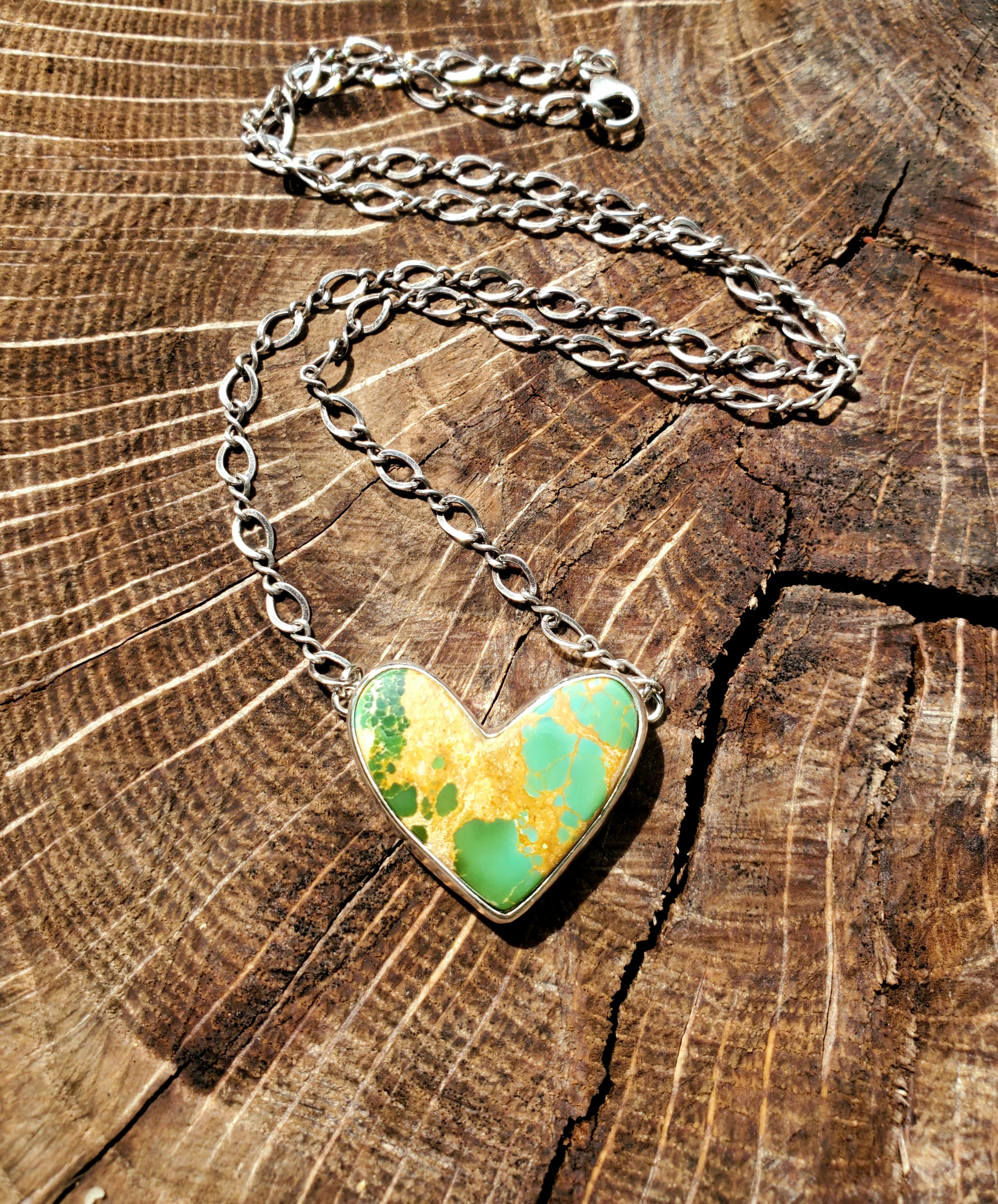 Green Royston Turquoise Heart Pendant Necklace or Choker in Solid Sterling Silver
