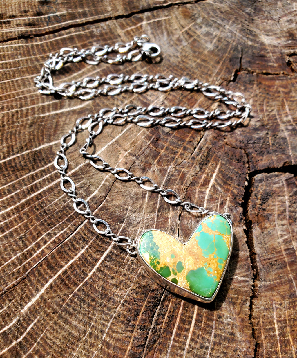 Green Royston Turquoise Heart Pendant Necklace or Choker in Solid Sterling Silver
