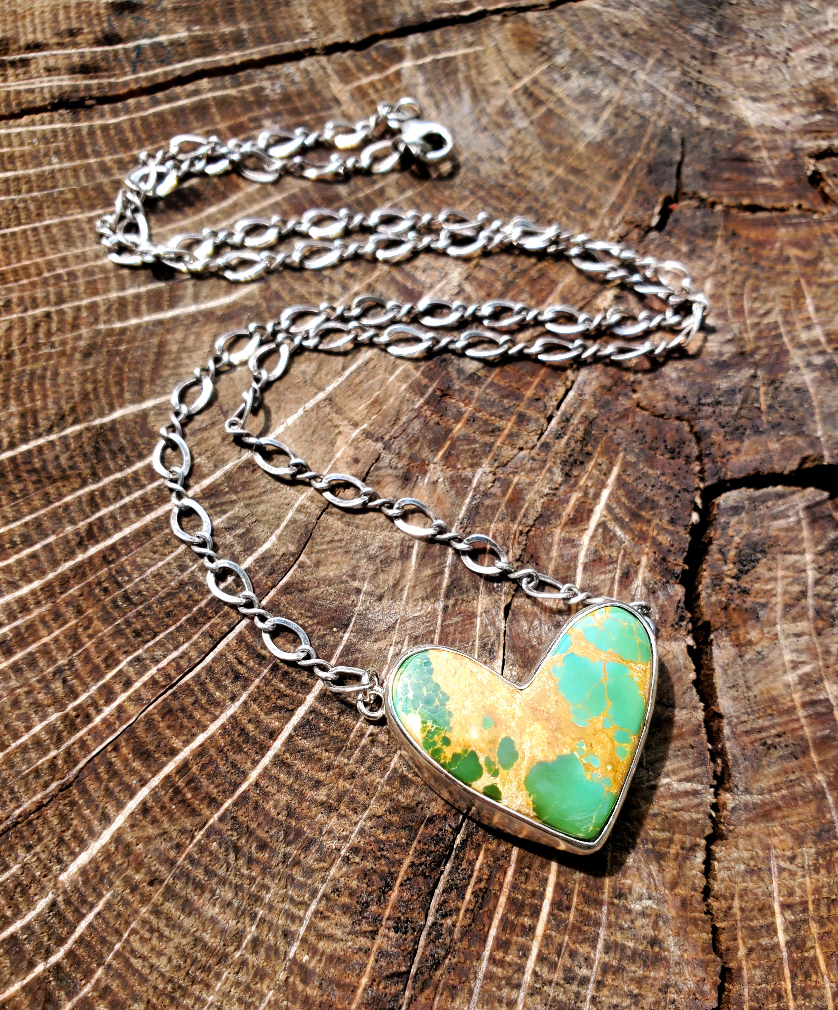 Green Royston Turquoise Heart Pendant Necklace or Choker in Solid Sterling Silver