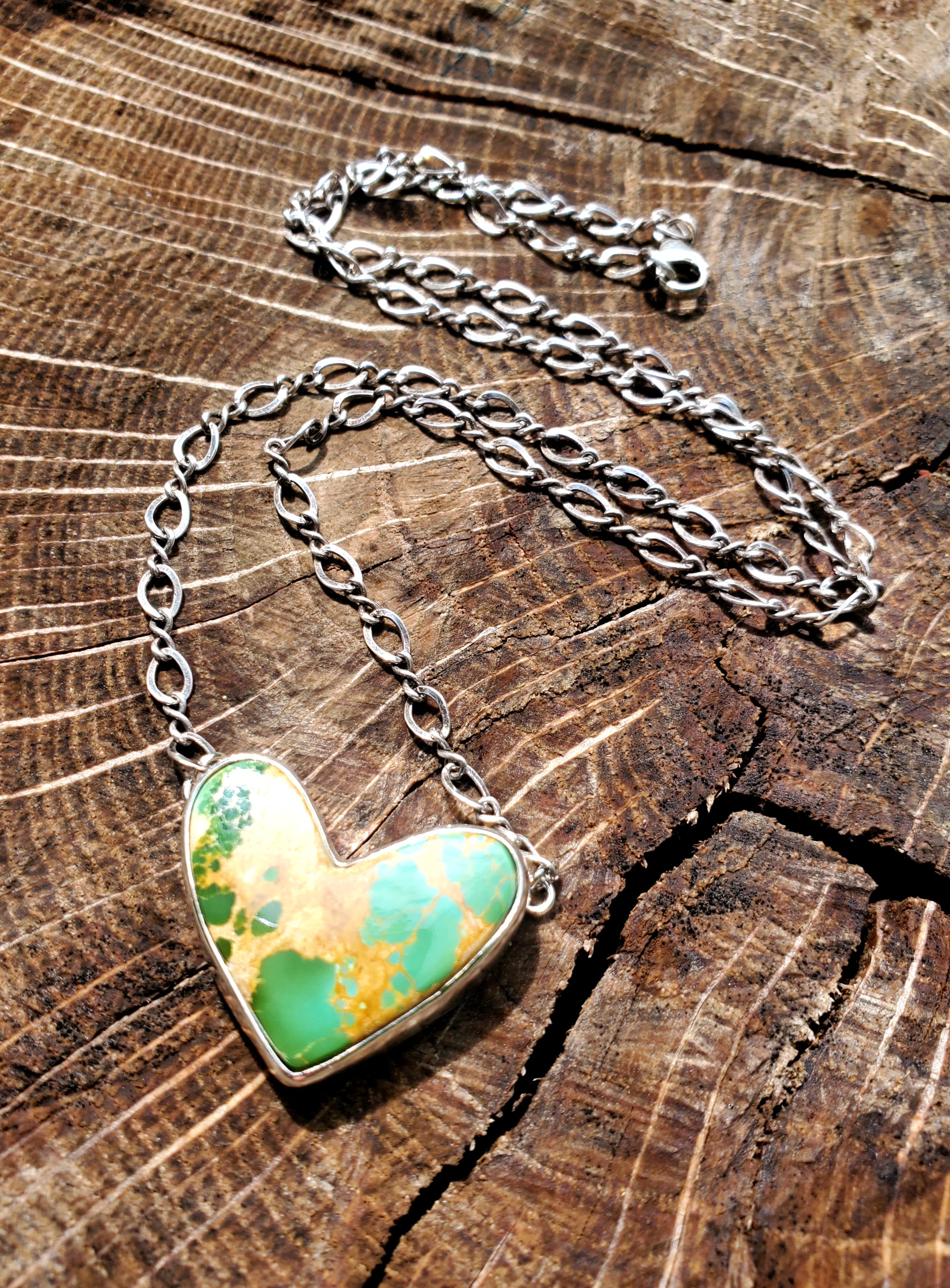 Green Royston Turquoise Heart Pendant Necklace or Choker in Solid Sterling Silver
