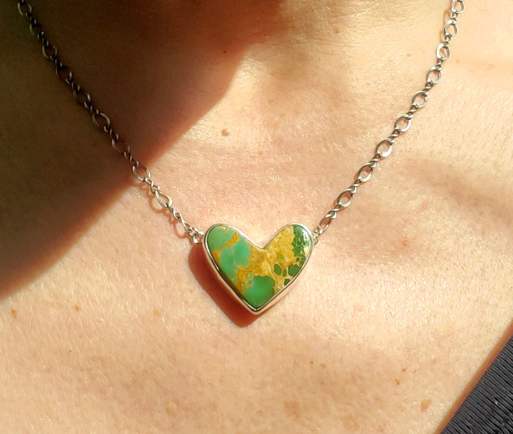 Green Royston Turquoise Heart Pendant Necklace or Choker in Solid Sterling Silver