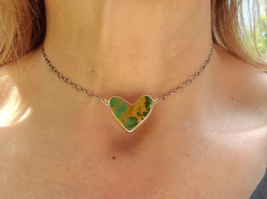 Green Royston Turquoise Heart Pendant Necklace or Choker in Solid Sterling Silver