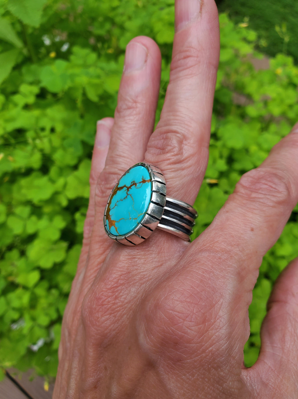Royston Turquoise Castellated Sterling Silver Statement Ring. Size 8.