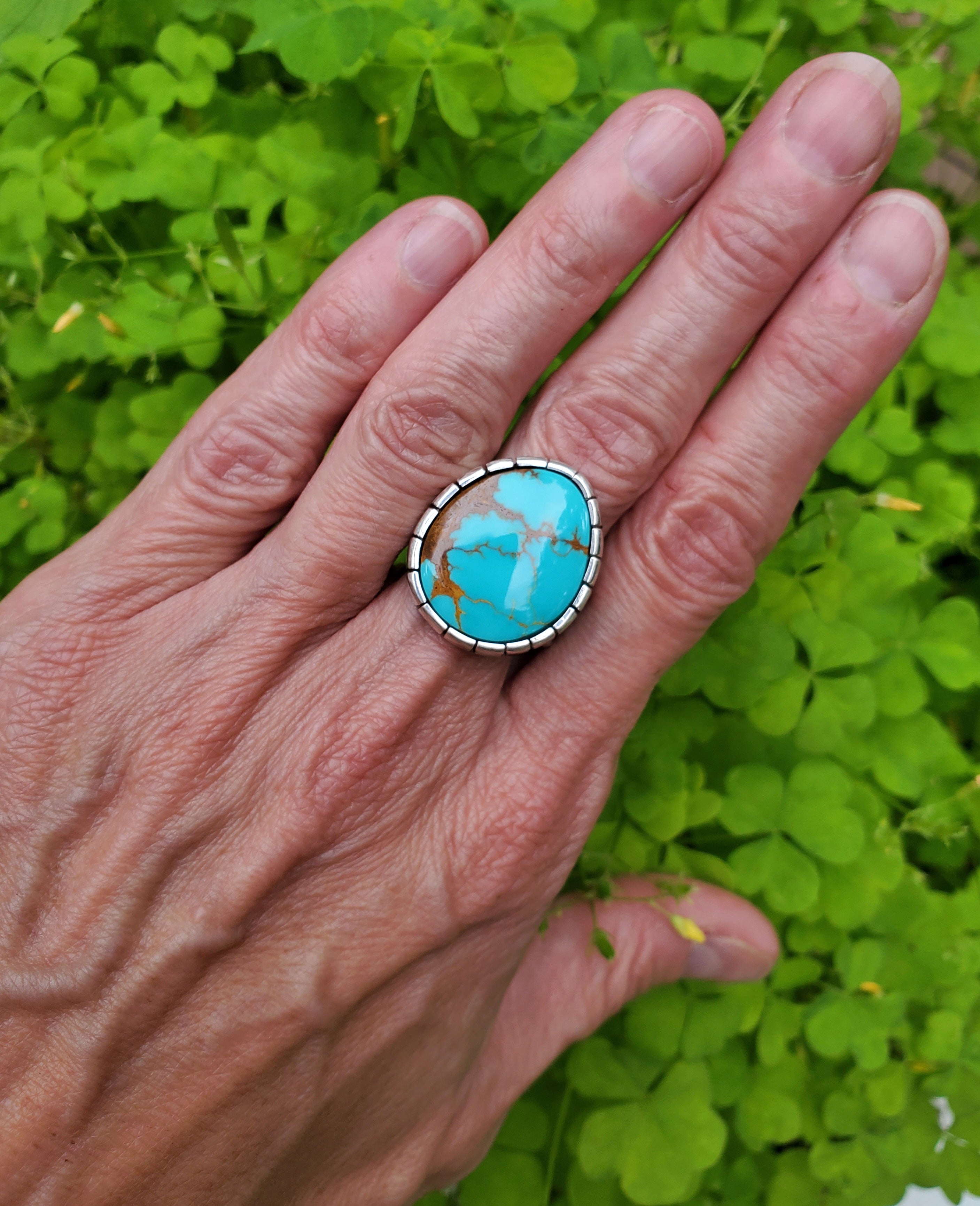 Royston Turquoise Castellated Sterling Silver Statement Ring. Size 8.