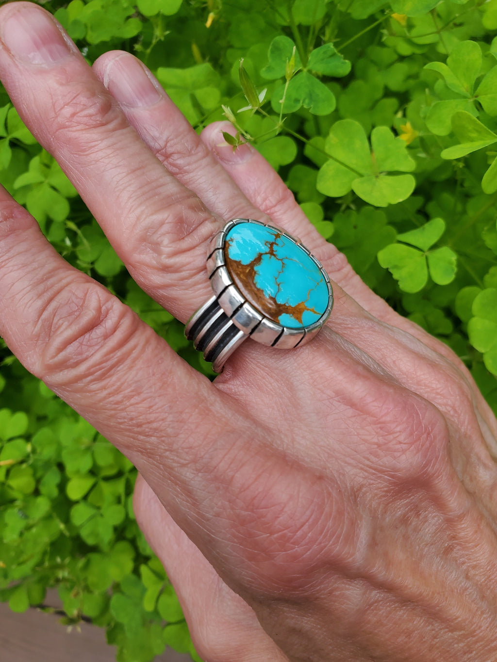 Royston Turquoise Castellated Sterling Silver Statement Ring. Size 8.