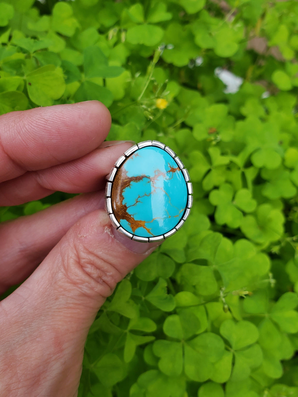 Royston Turquoise Castellated Sterling Silver Statement Ring. Size 8.