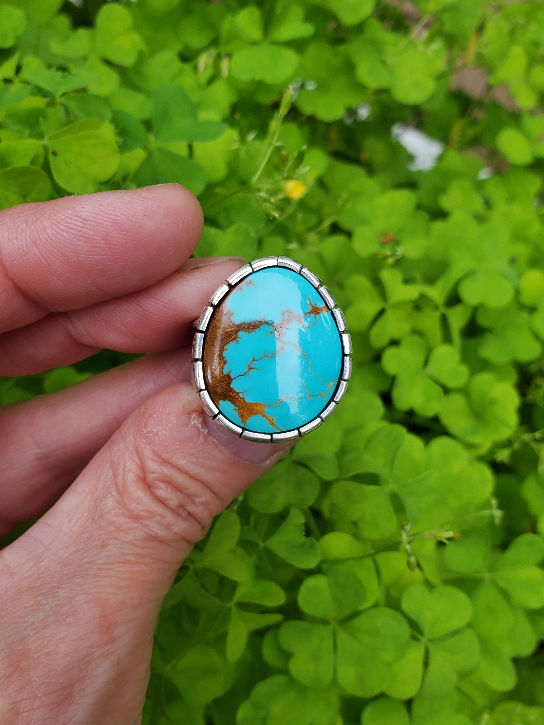 Royston Turquoise Castellated Sterling Silver Statement Ring. Size 8.