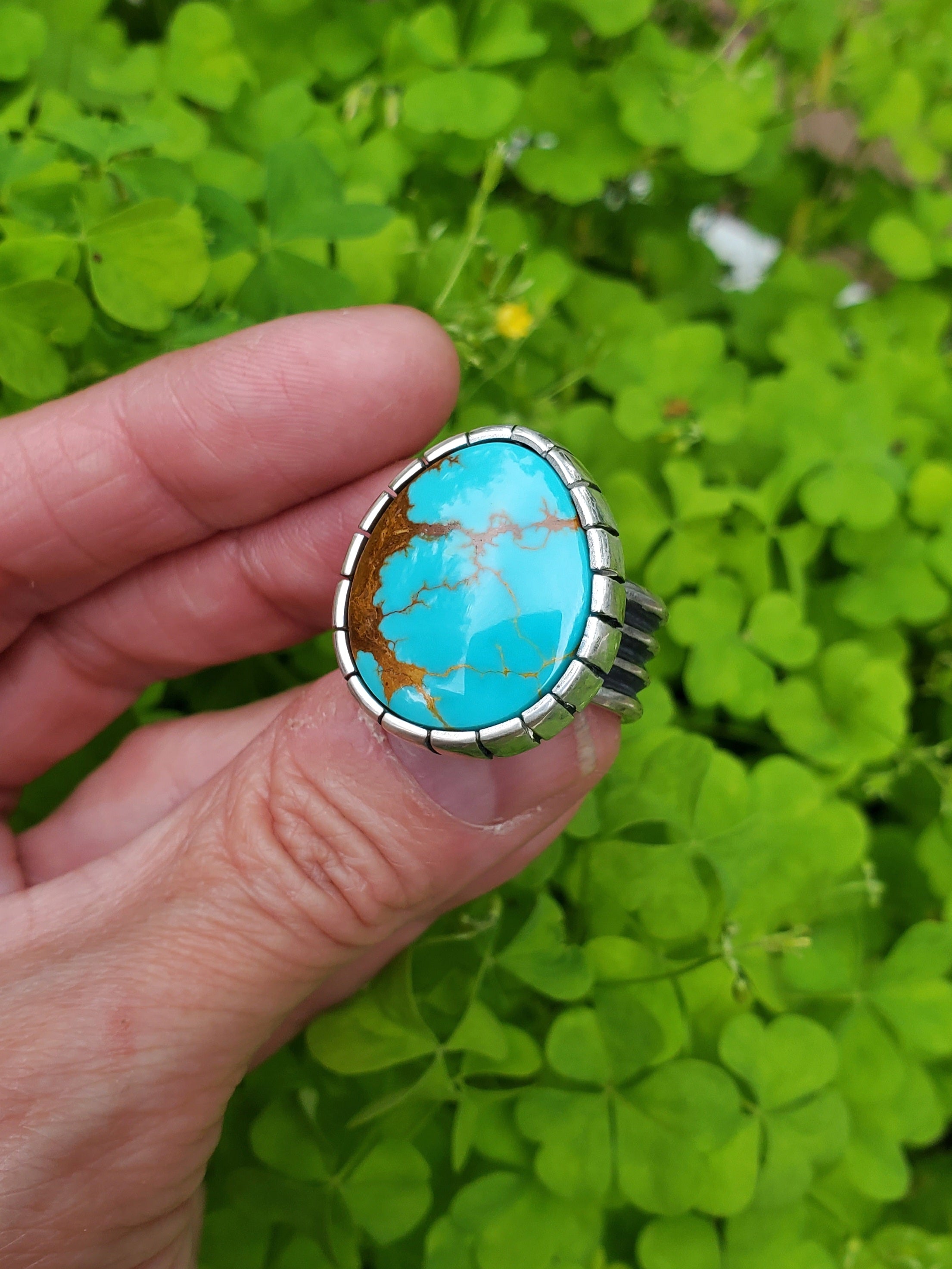 Royston Turquoise Castellated Sterling Silver Statement Ring. Size 8.