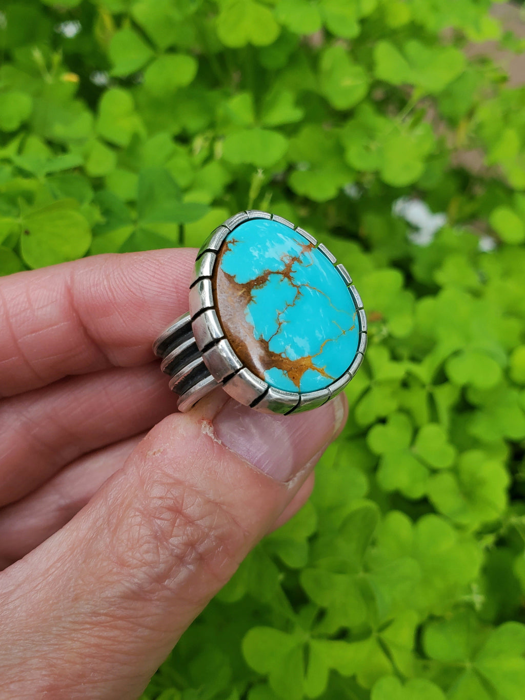 Royston Turquoise Castellated Sterling Silver Statement Ring. Size 8.